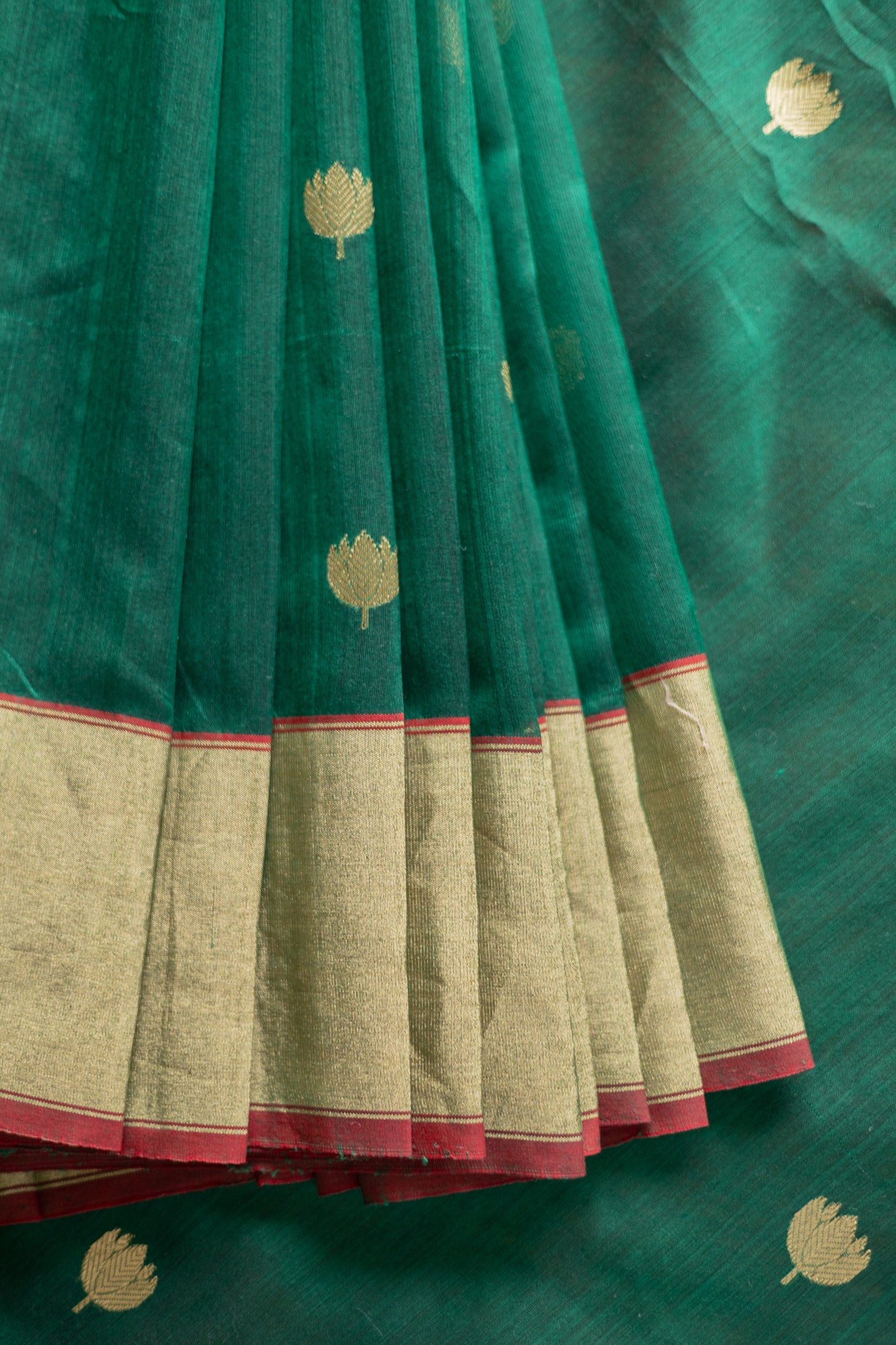 Green Chanderi Silk Cotton with Gold Lotus Motif and Thin Red Border Saree