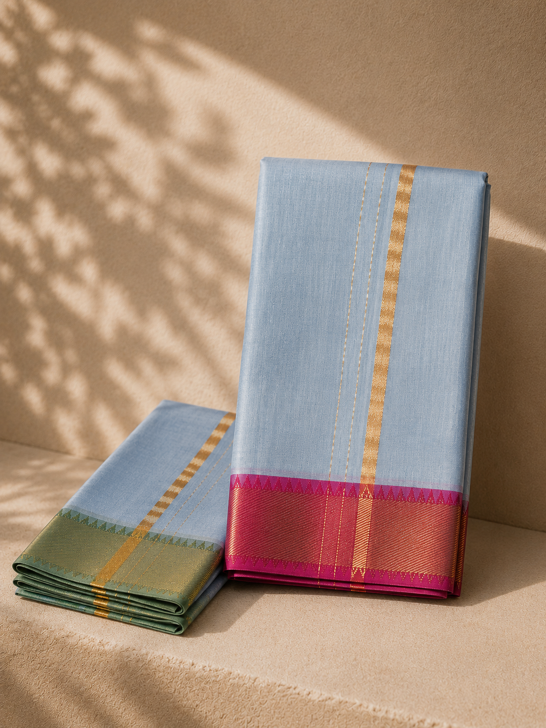 Sky Blue Mangalagiri Silk Cotton Veshti Set with Gold Zari Border