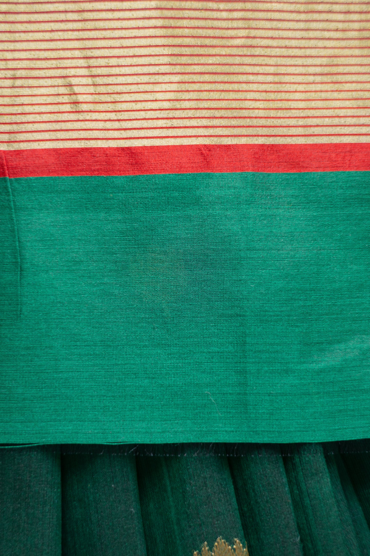 Green Chanderi Silk Cotton with Gold Lotus Motif and Thin Red Border Saree