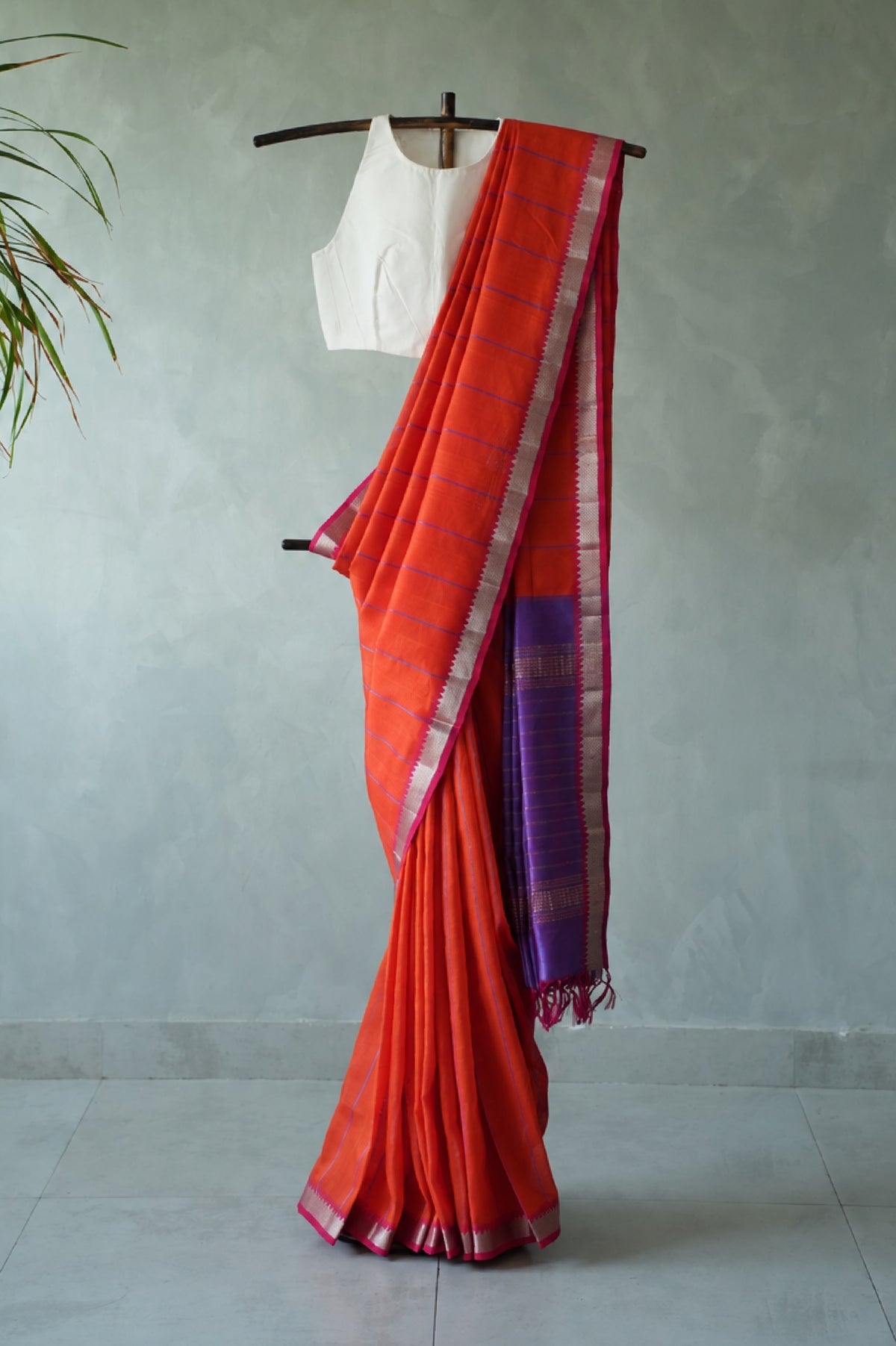 Vermilion Orange Mangalagiri Silk Cotton Saree  with violet stripe  body and silver border saree