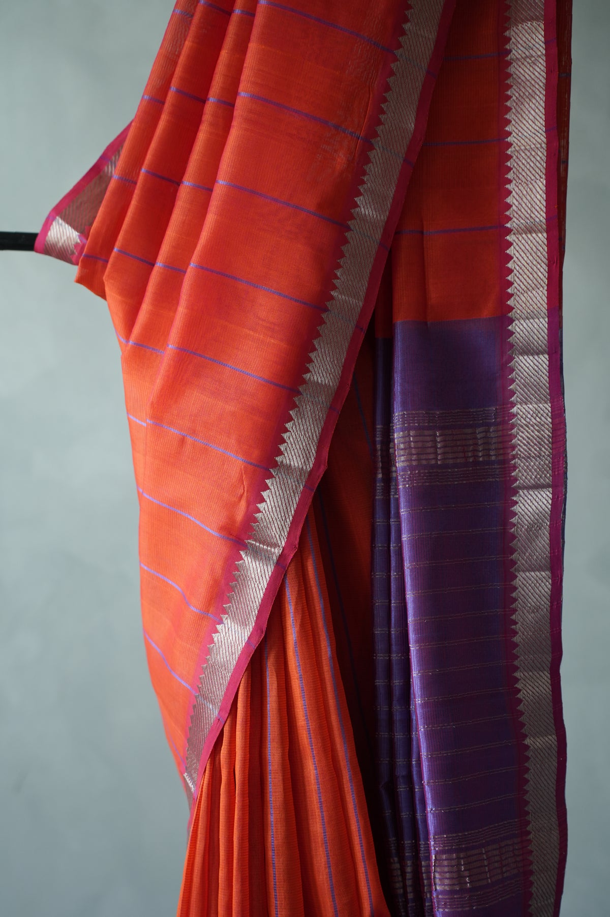 Vermilion Orange Mangalagiri Silk Cotton Saree  with violet stripe  body and silver border saree