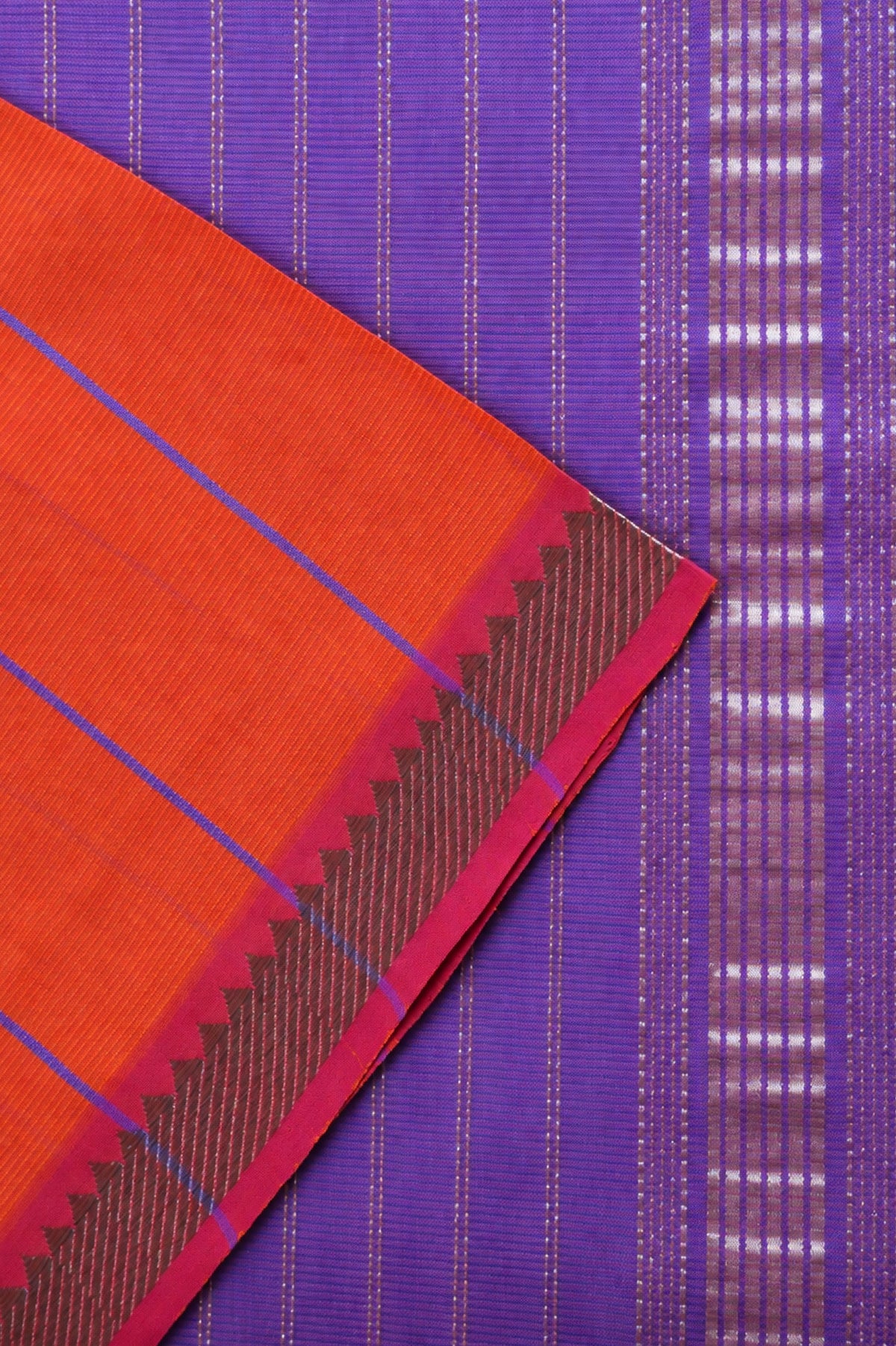 Vermilion Orange Mangalagiri Silk Cotton Saree  with violet stripe  body and silver border saree