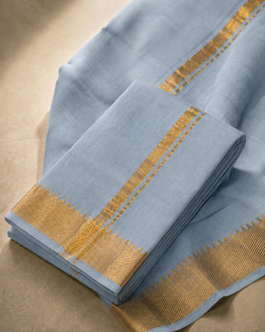 Pale Blue Mangalagiri Silk Cotton Veshti Set with Gold Zari Border