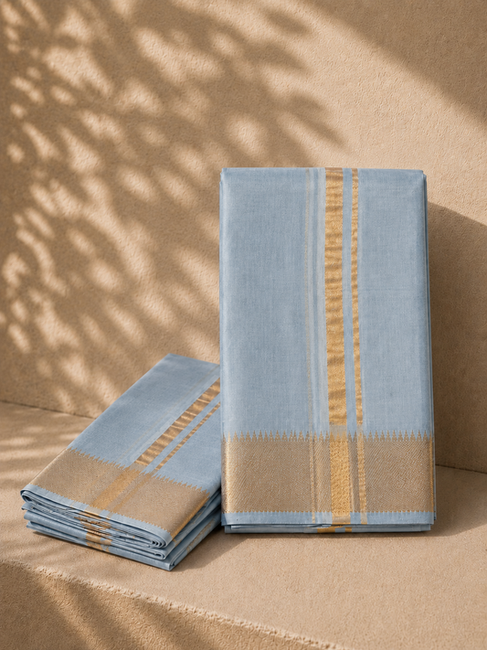 Pale Blue Mangalagiri Silk Cotton Veshti Set with Gold Zari Border