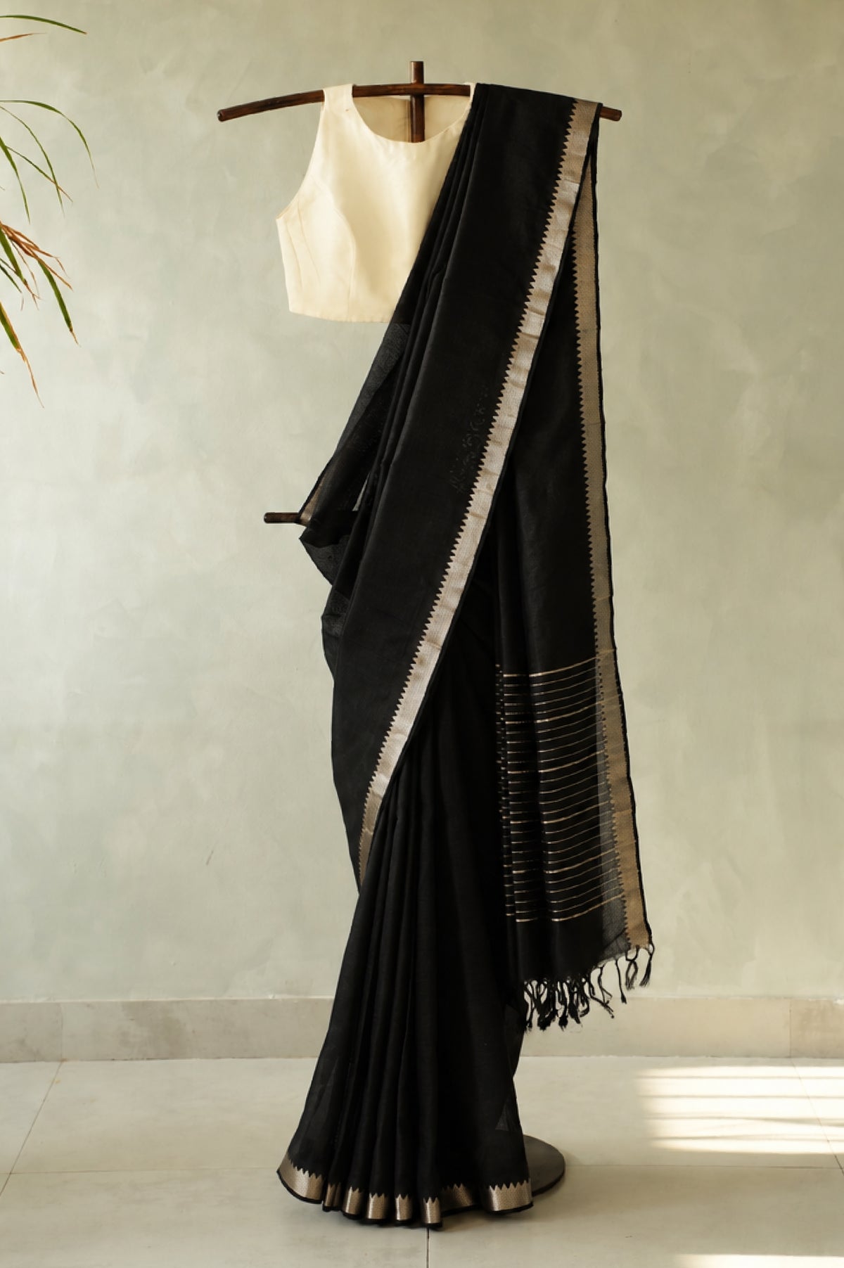 Black Mangalagiri Silk Cotton with Silver Border Saree