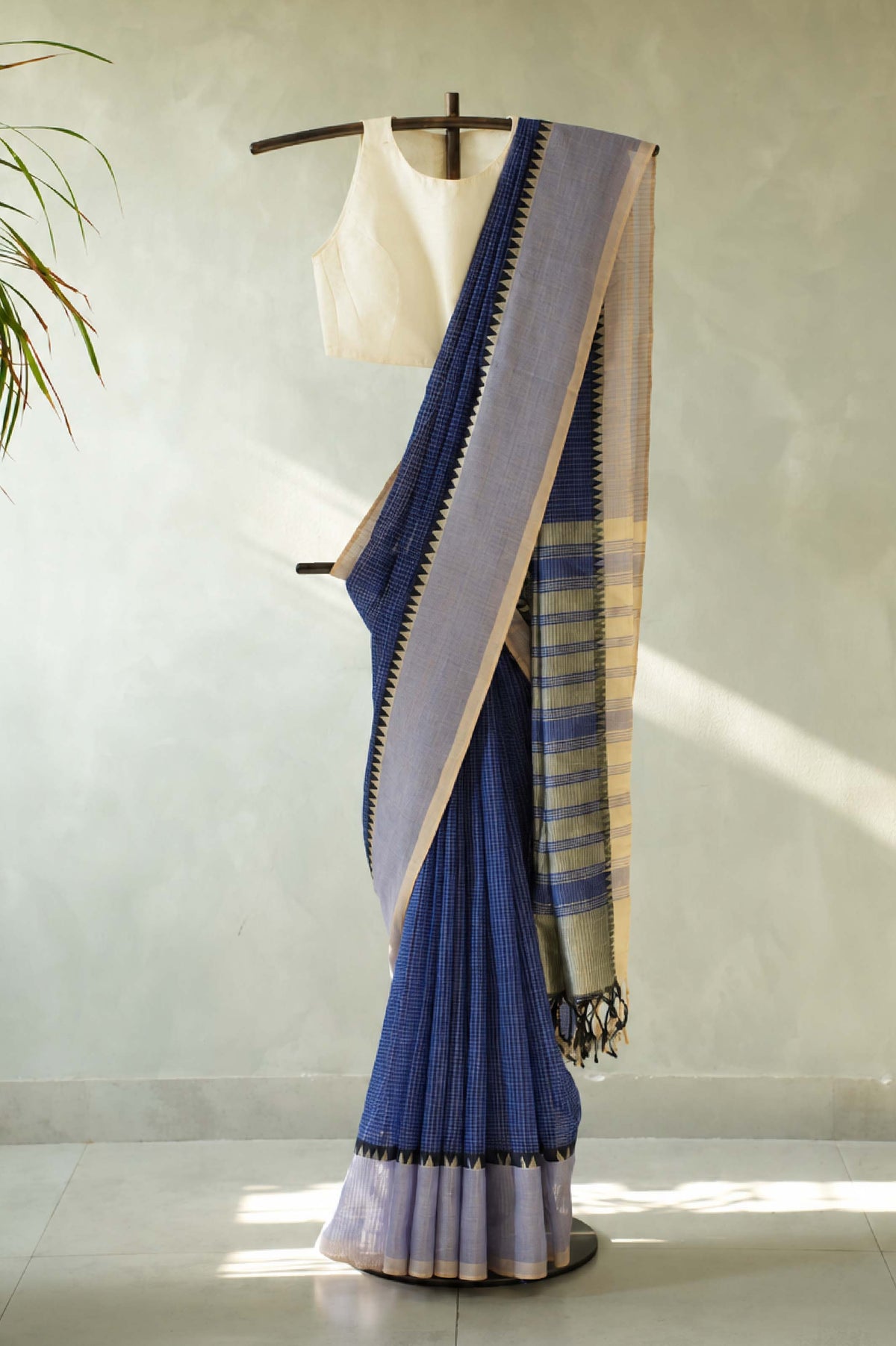 Deep Blue Mangalagiri Silk Cotton with Ivory Border Saree