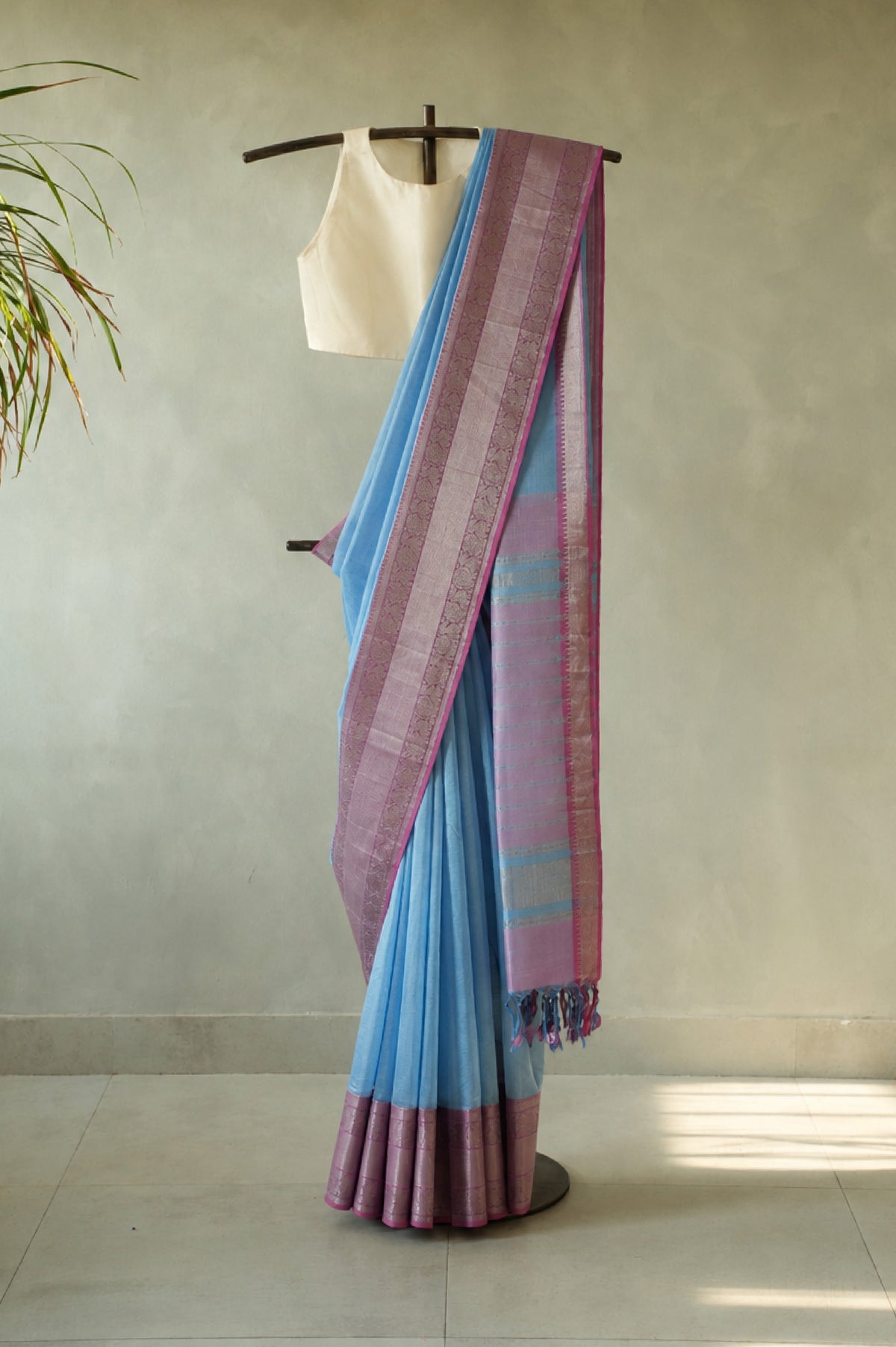 Sky Blue Mangalagiri Silk Cotton with Dusty Pink and Silver Zari Border Saree