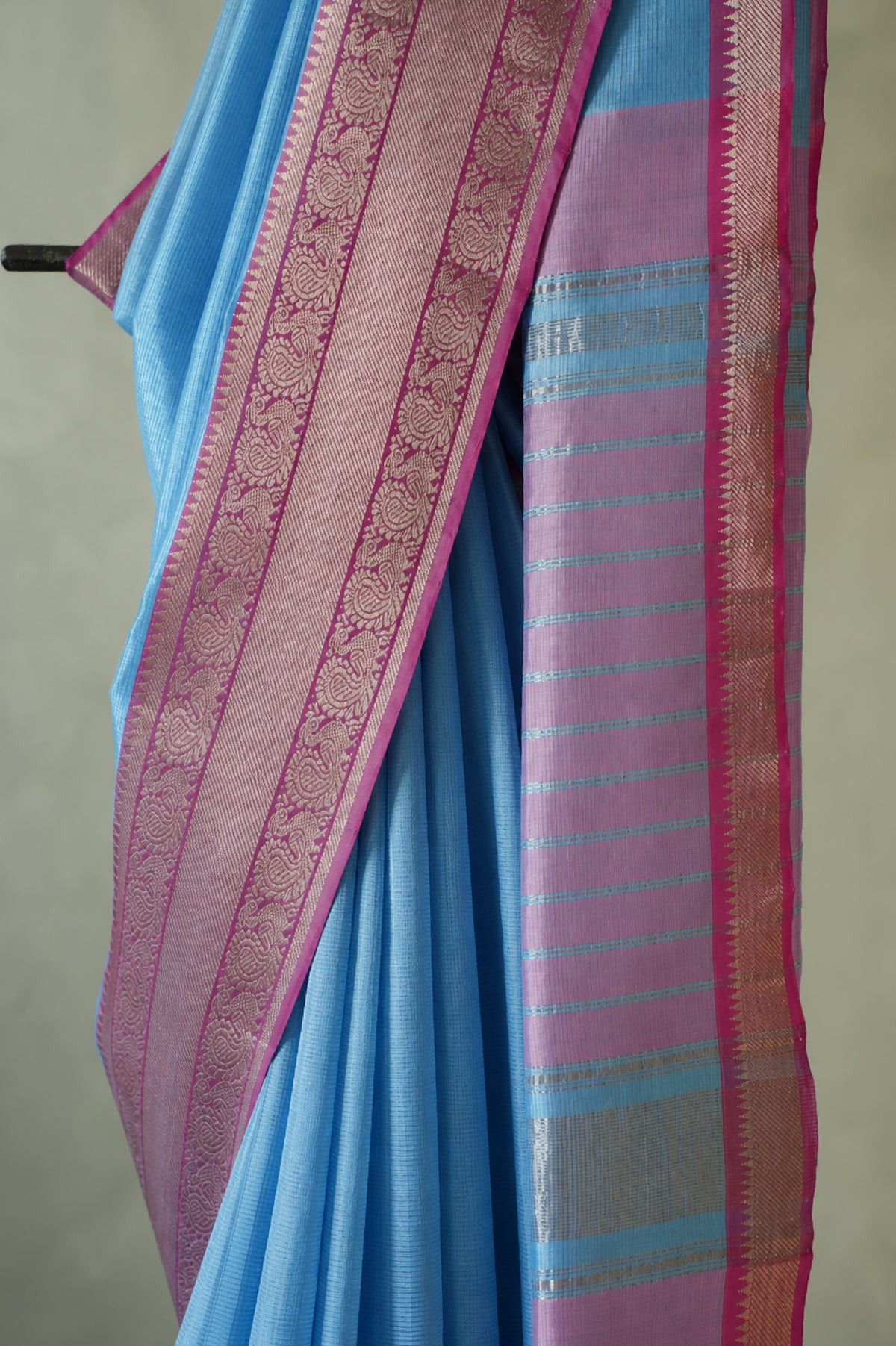 Sky Blue Mangalagiri Silk Cotton with Dusty Pink and Silver Zari Border Saree