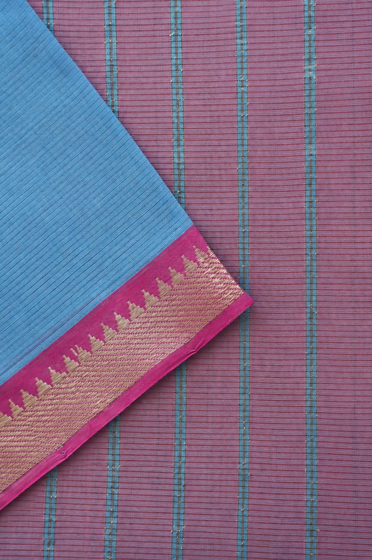Sky Blue Mangalagiri Silk Cotton with Dusty Pink and Silver Zari Border Saree