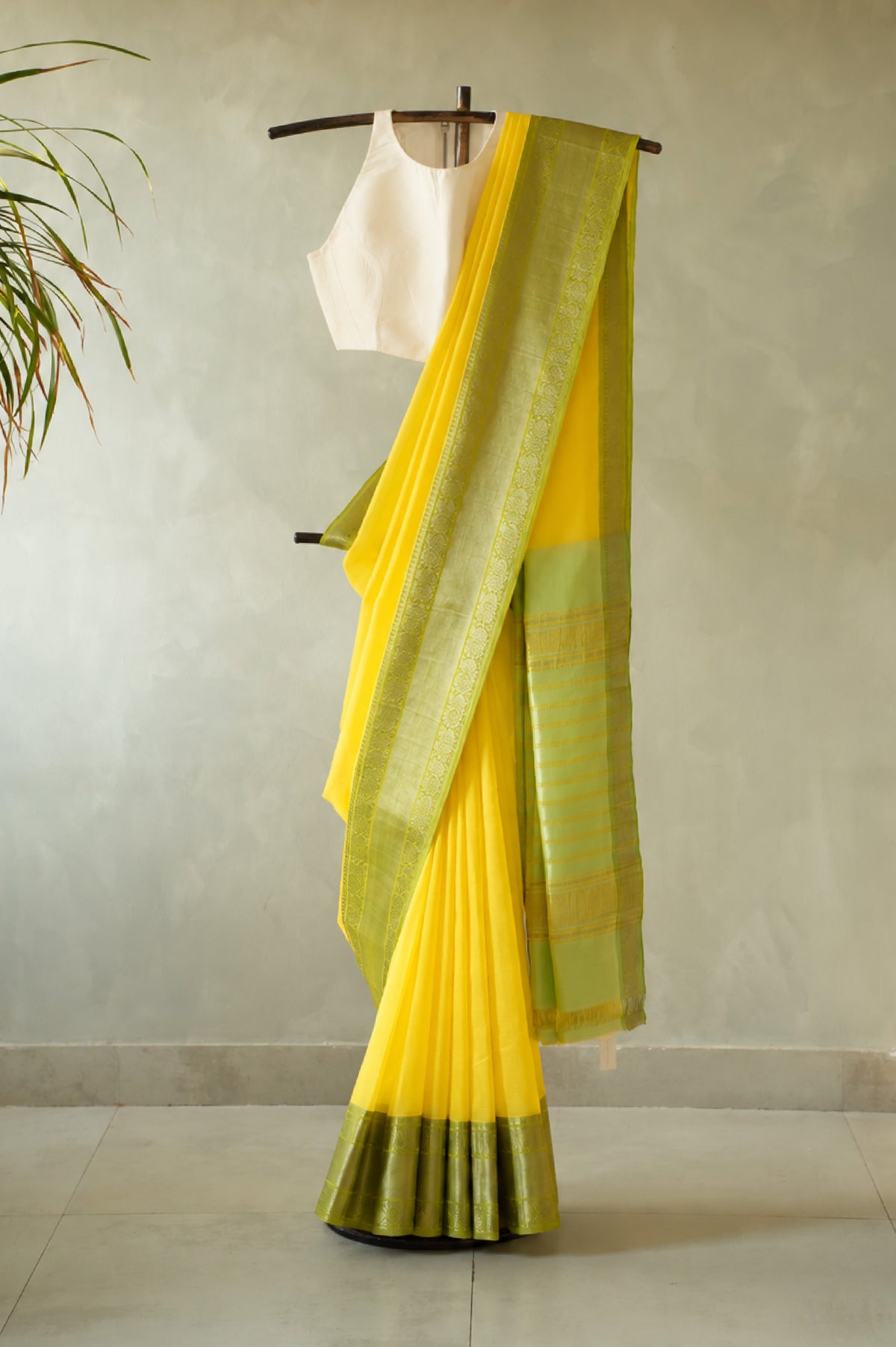 Light Yellow Mangalagiri Silk Cotton with Tender Green and Silver Zari Border Saree