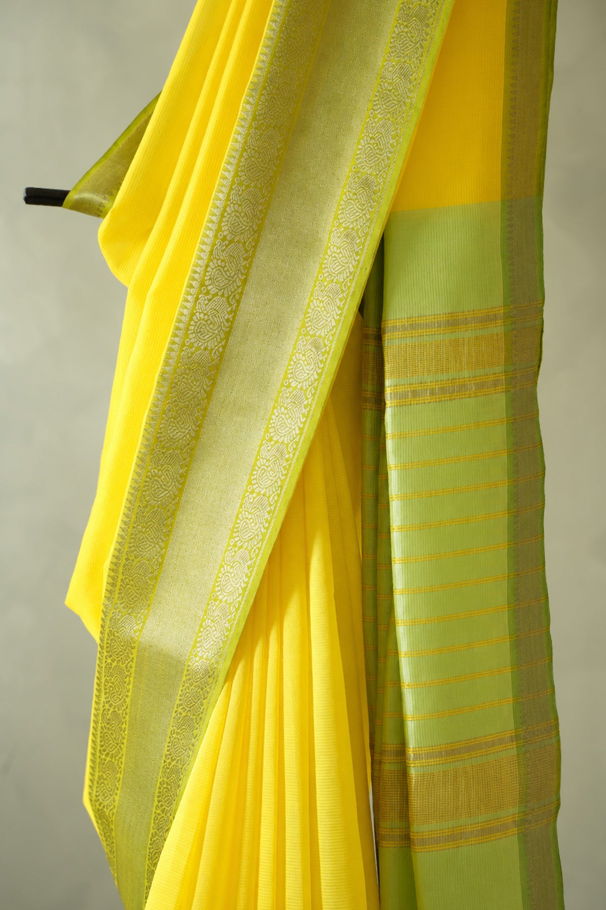 Light Yellow Mangalagiri Silk Cotton with Tender Green and Silver Zari Border Saree