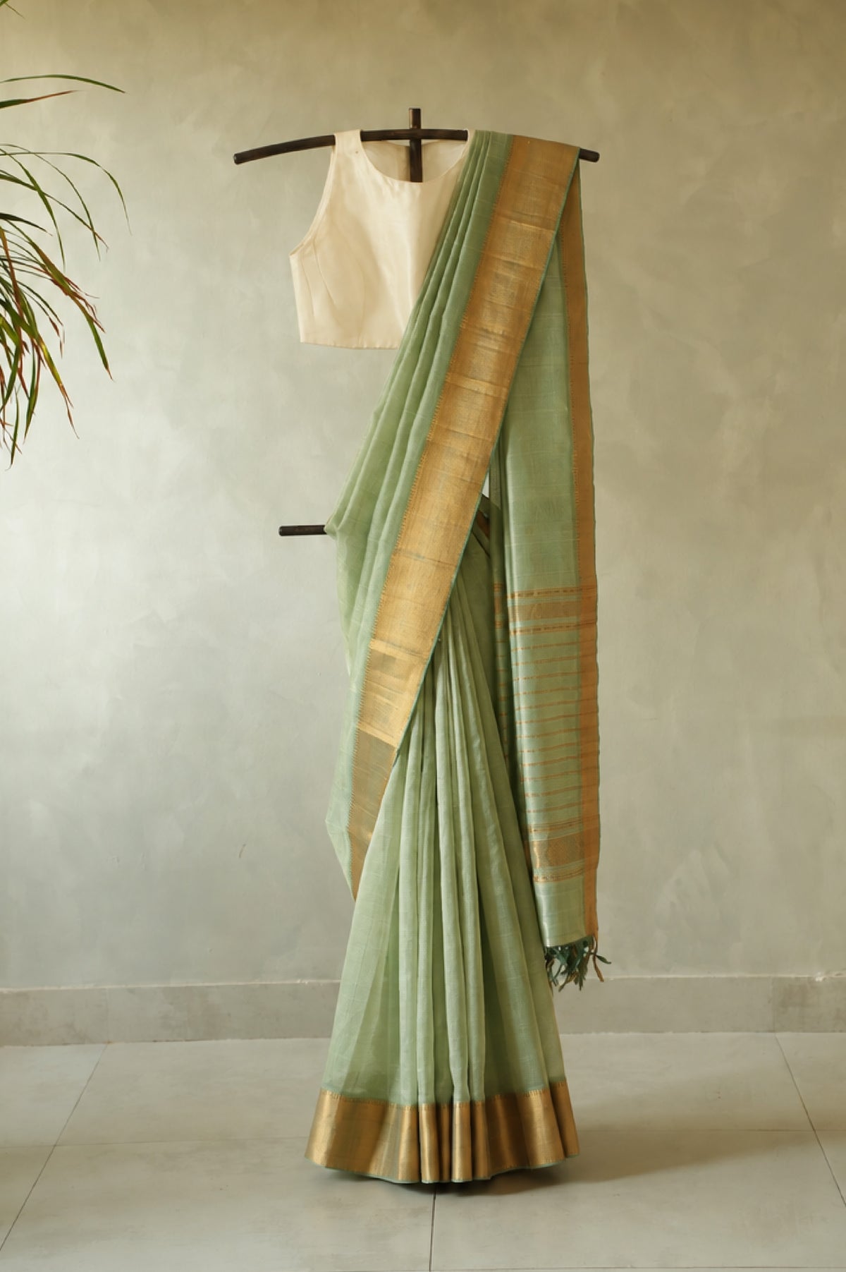 Pastel Green Mangalagiri Silk Cotton with Gold Zari Border Saree