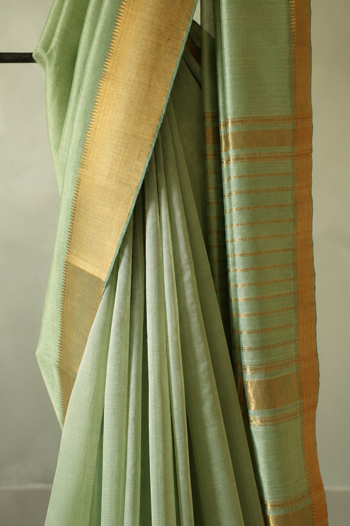 Pastel Green Mangalagiri Silk Cotton with Gold Zari Border Saree