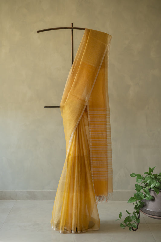 Mustard Yellow Silk Cotton All Over Stripes and Checks Saree