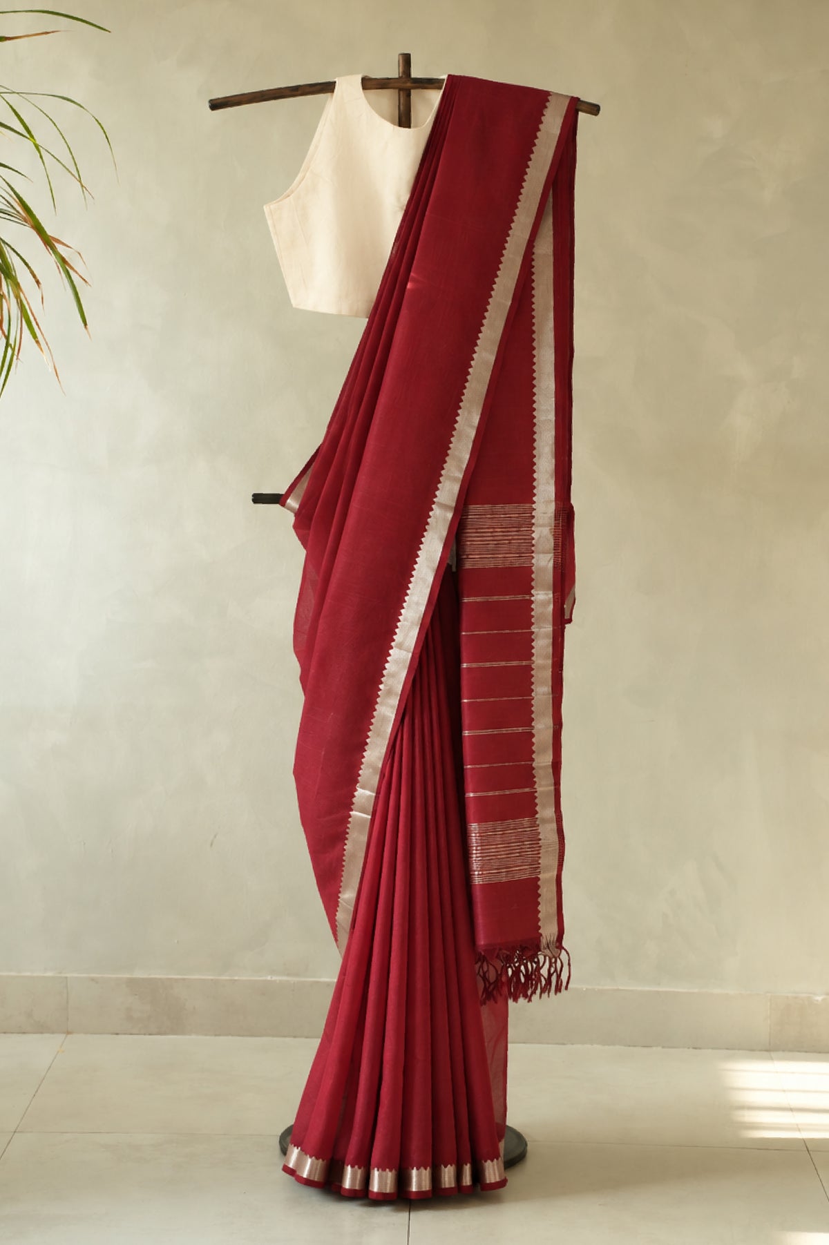 Deep Red Mangalagiri Silk Cotton with Silver Border Saree