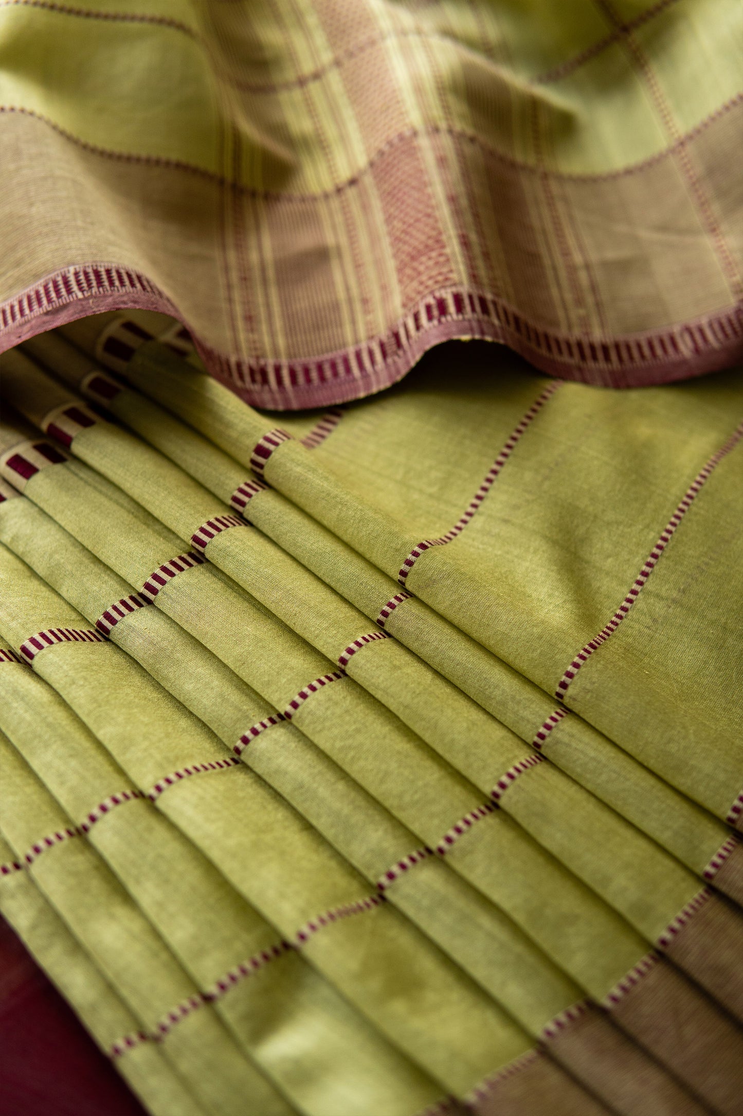 Green Silk with Mercerised Cotton with Dots and Stripes Border Saree