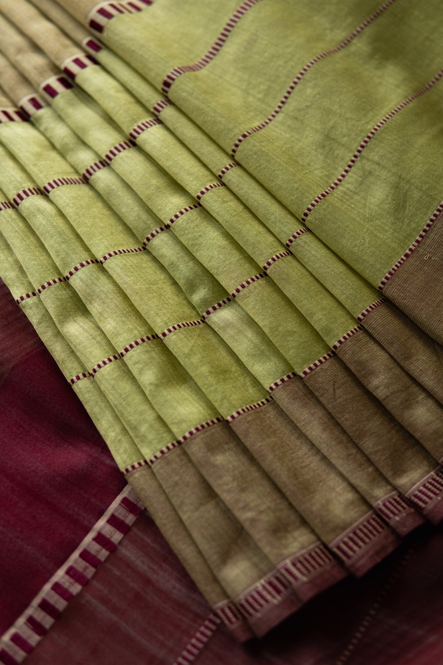 Green Silk with Mercerised Cotton with Dots and Stripes Border Saree