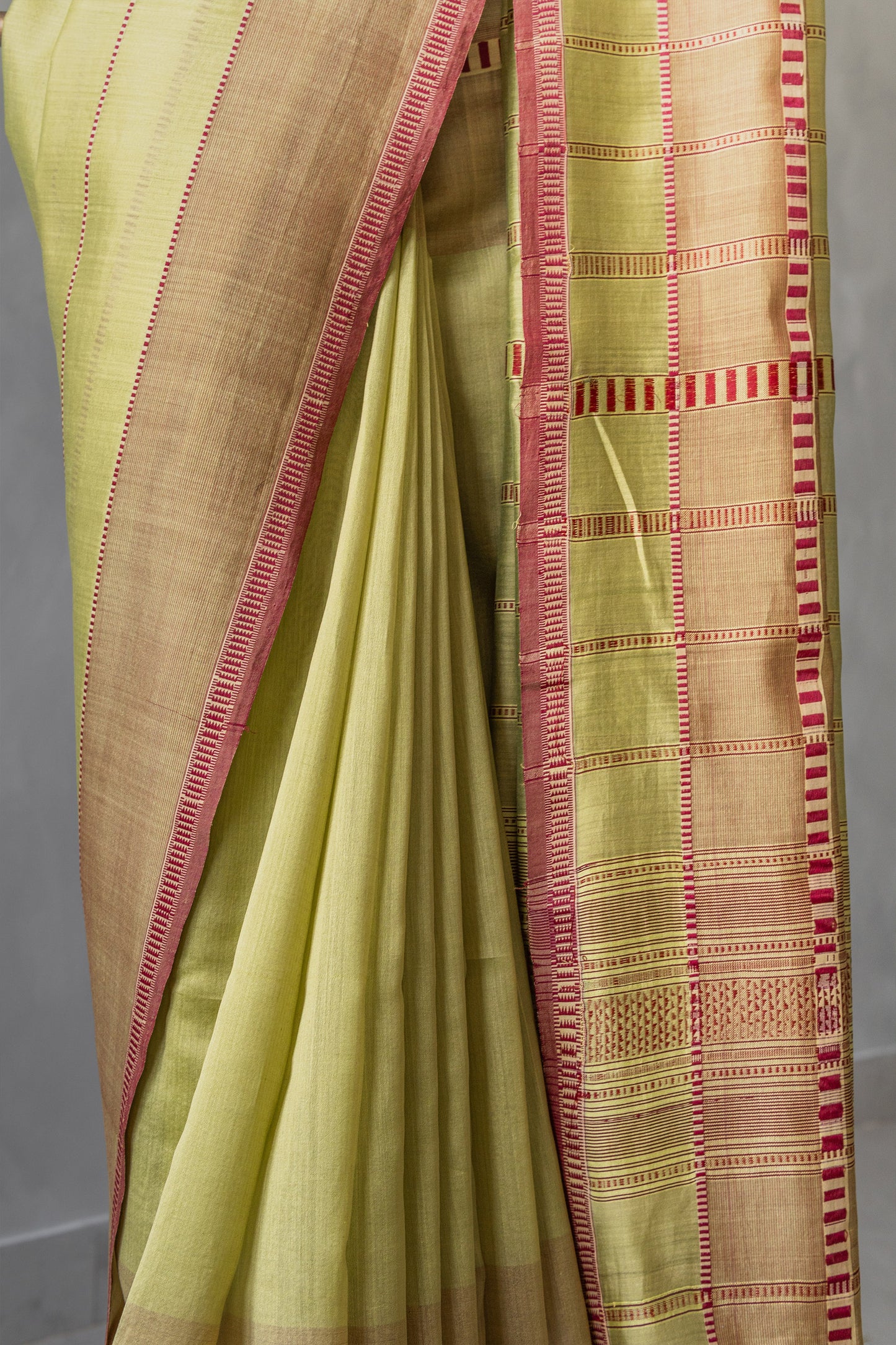 Green Silk with Mercerised Cotton with Dots and Stripes Border Saree