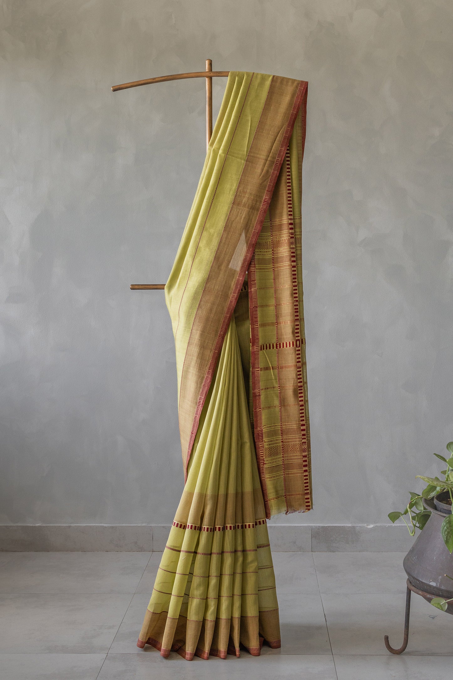 Green Silk with Mercerised Cotton with Dots and Stripes Border Saree