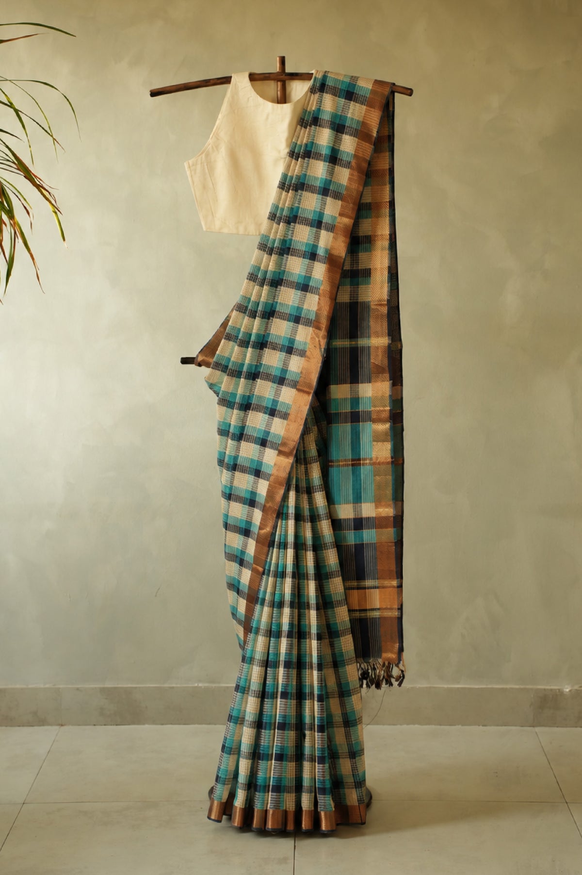 Multicoloured Checked Mangalagiri Cotton with Gold Zari Border Saree