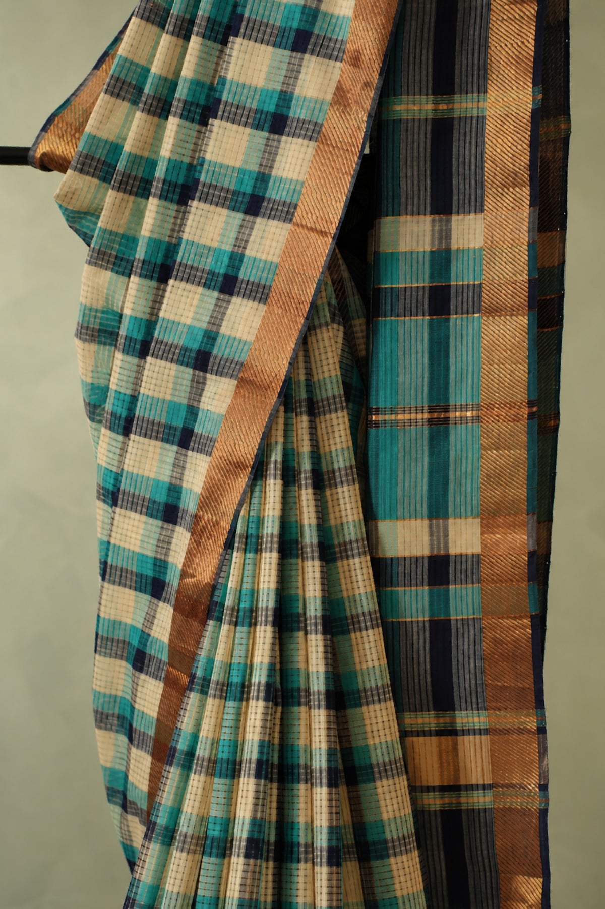 Multicoloured Checked Mangalagiri Cotton with Gold Zari Border Saree