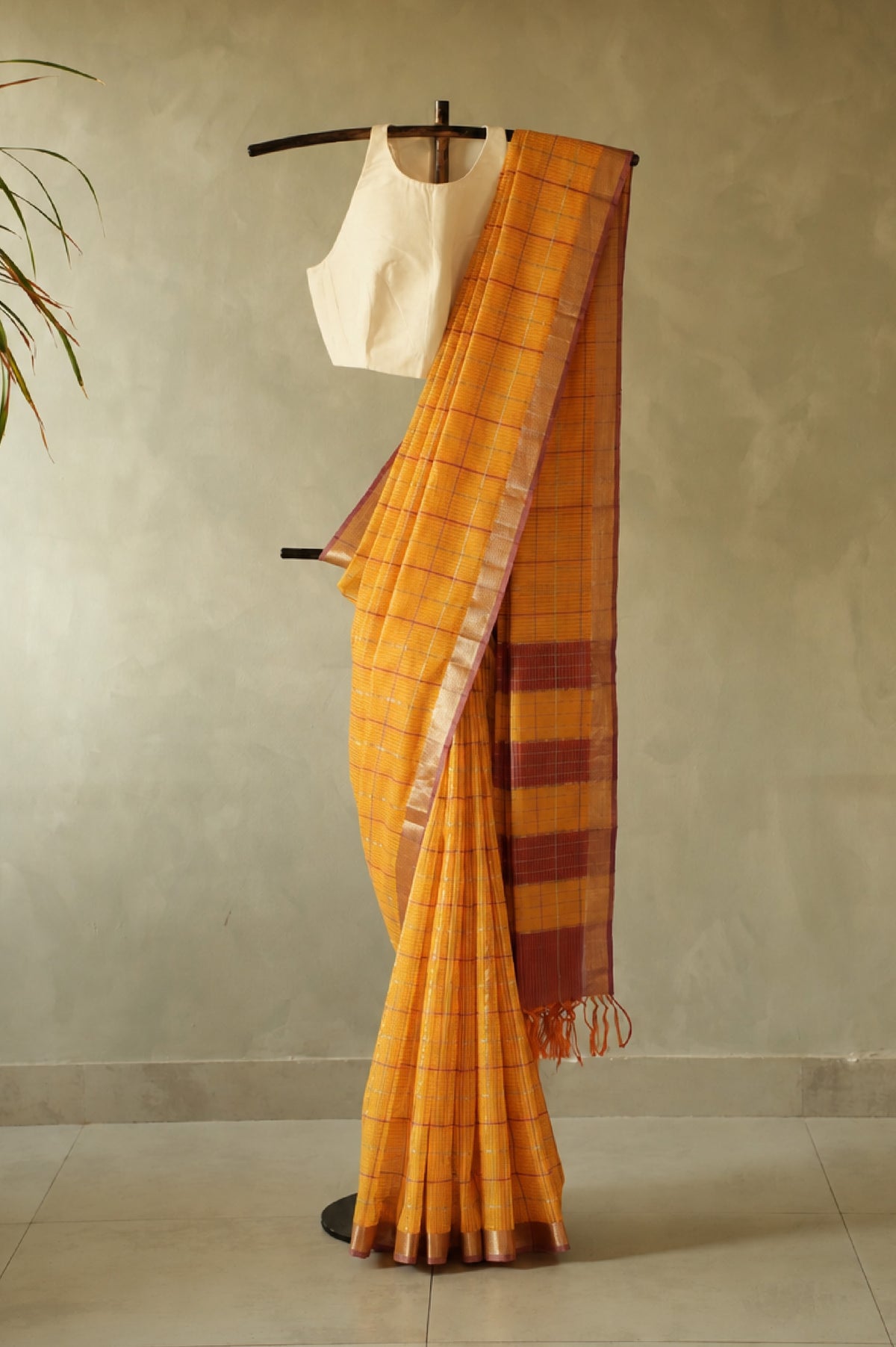 Mustard Yellow Mangalagiri Silk Cotton with Maroon and Silver Zari Border