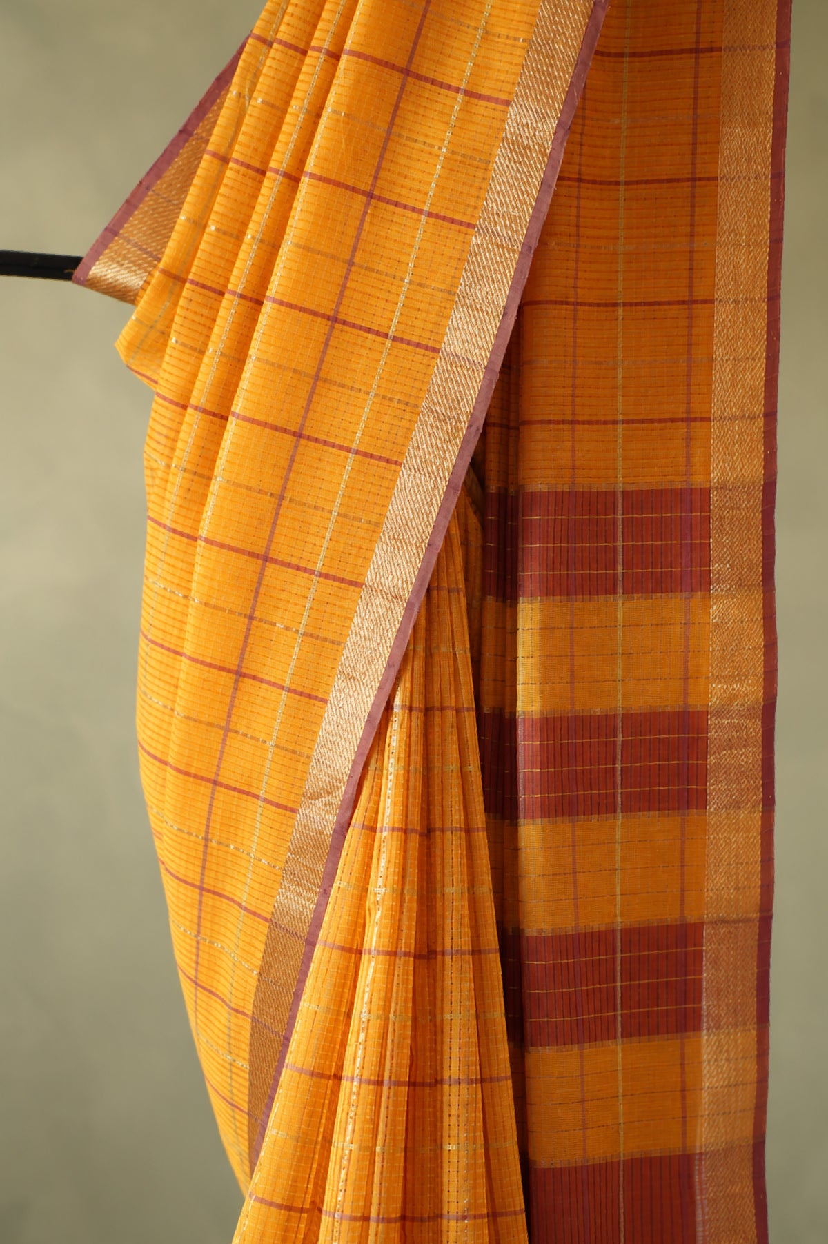 Mustard Yellow Mangalagiri Silk Cotton with Maroon and Silver Zari Border