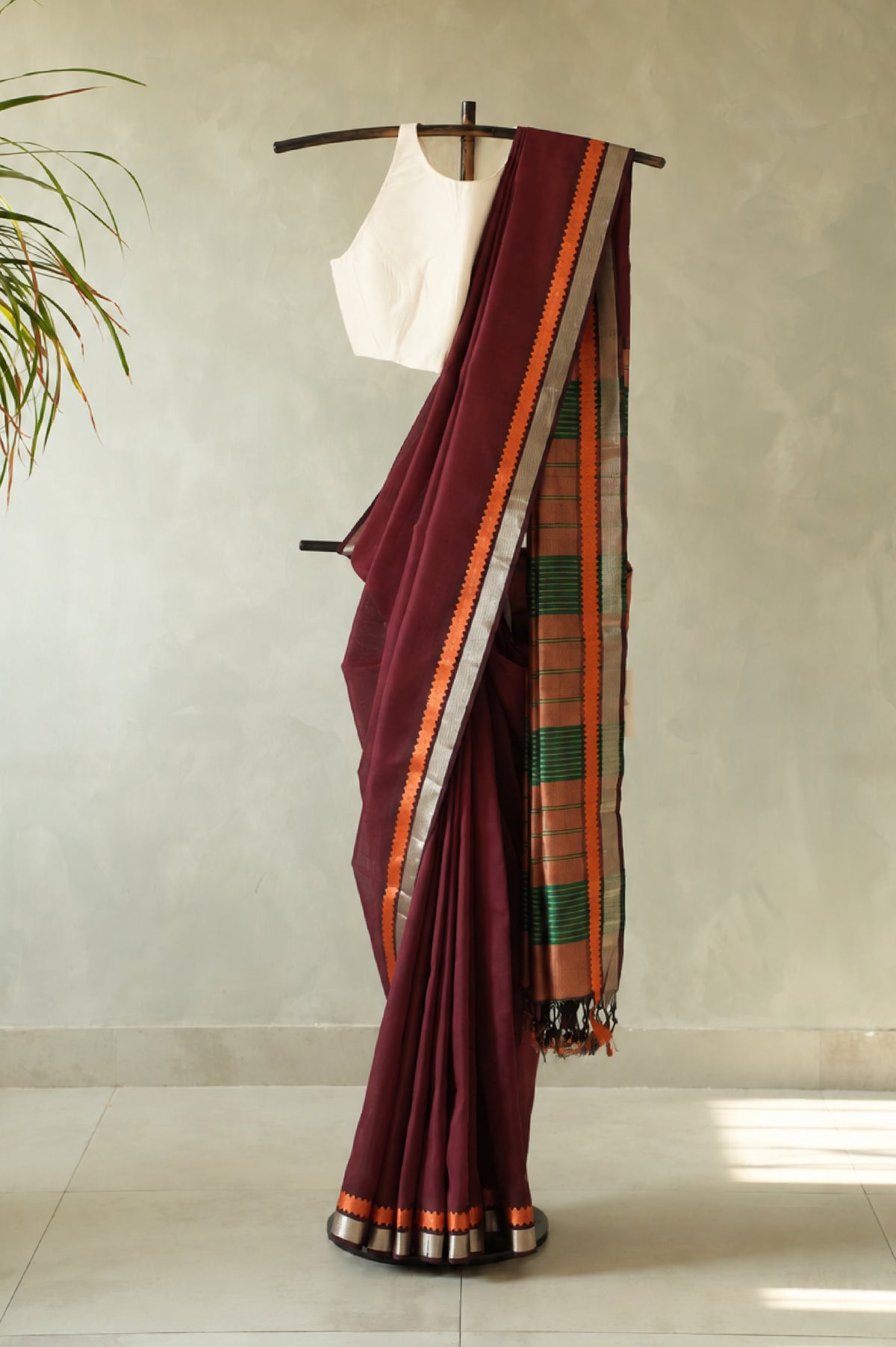 Deep Red Mangalagiri Silk Cotton with Silver and Orange Border Saree