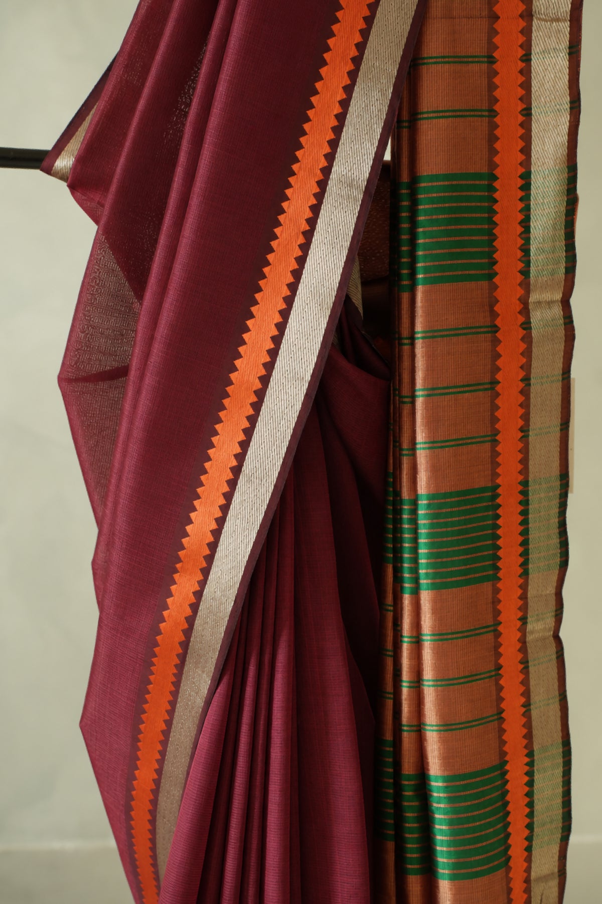 Deep Red Mangalagiri Silk Cotton with Silver and Orange Border Saree