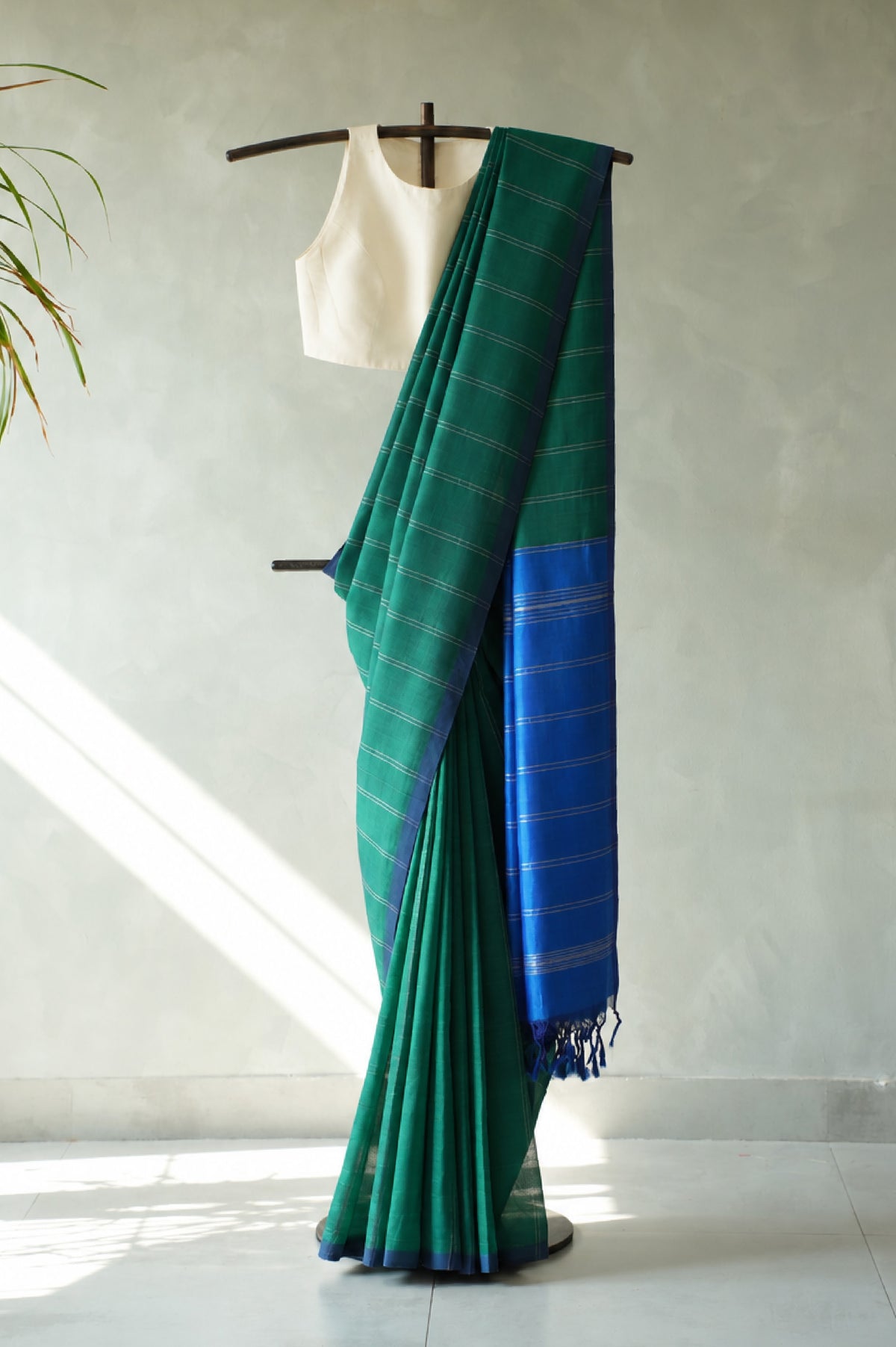 Emerald Green with Silver Stripes Mangalagiri Silk Cotton and Contrast Cobalt Blue Pallu Saree