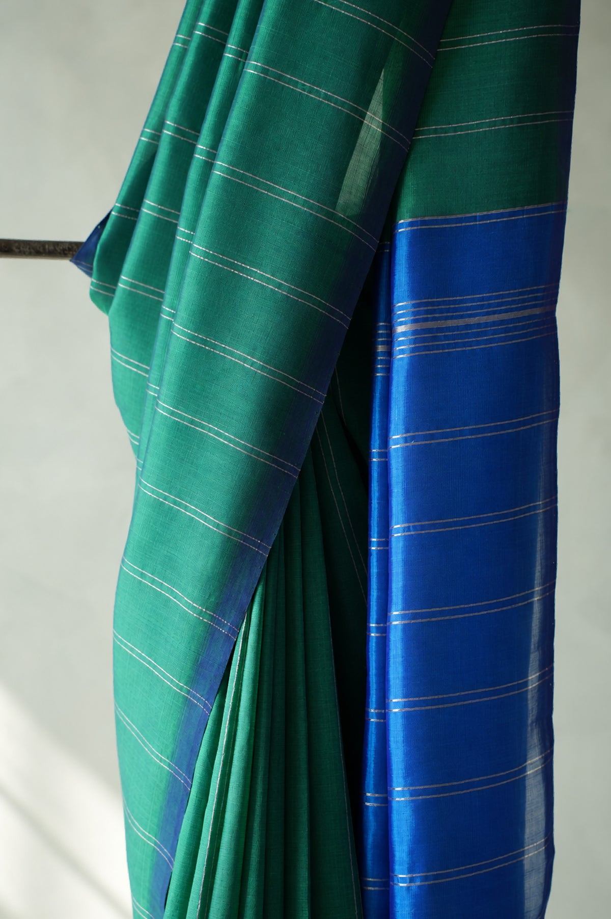 Emerald Green with Silver Stripes Mangalagiri Silk Cotton and Contrast Cobalt Blue Pallu Saree