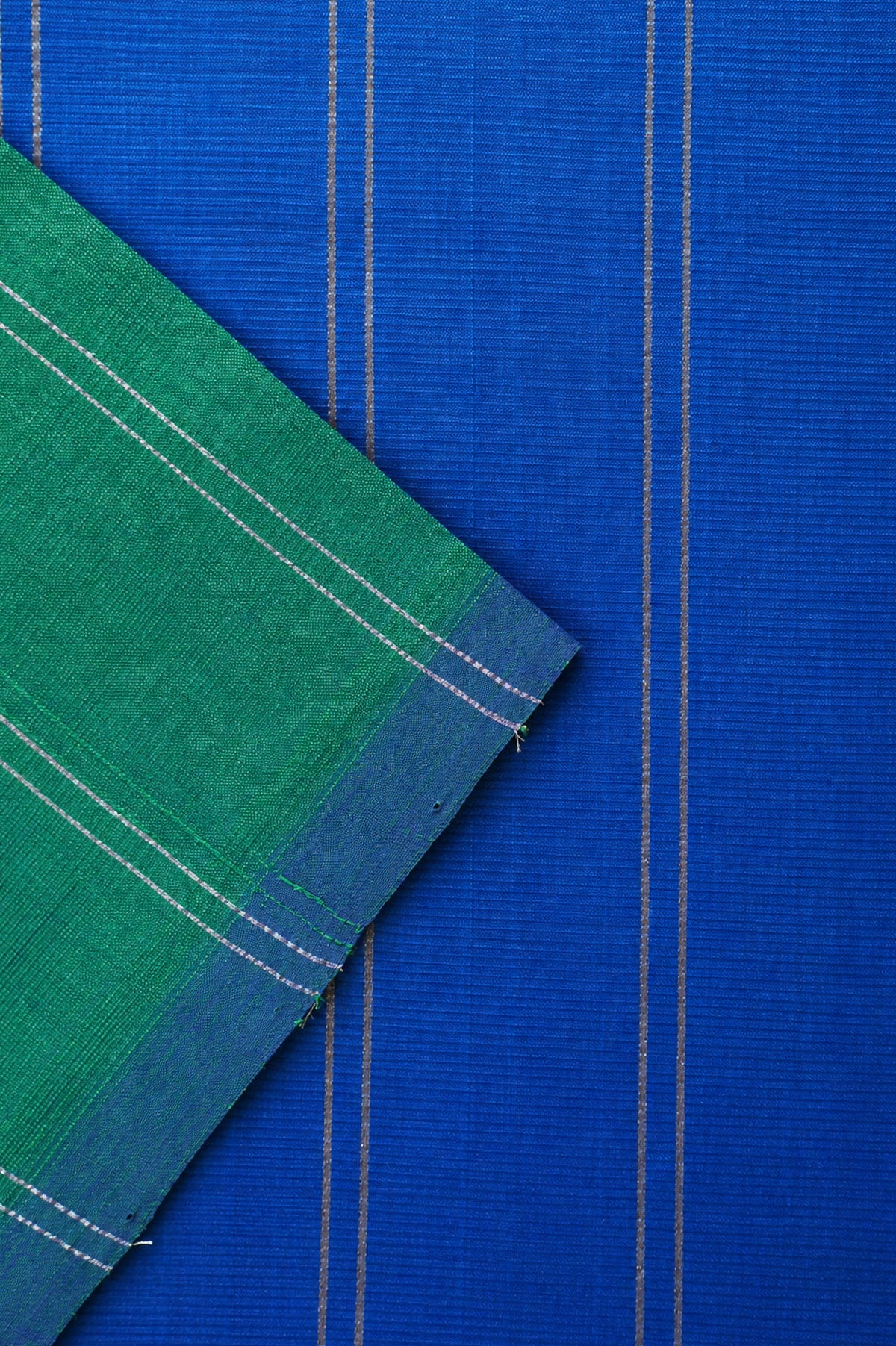Emerald Green with Silver Stripes Mangalagiri Silk Cotton and Contrast Cobalt Blue Pallu Saree