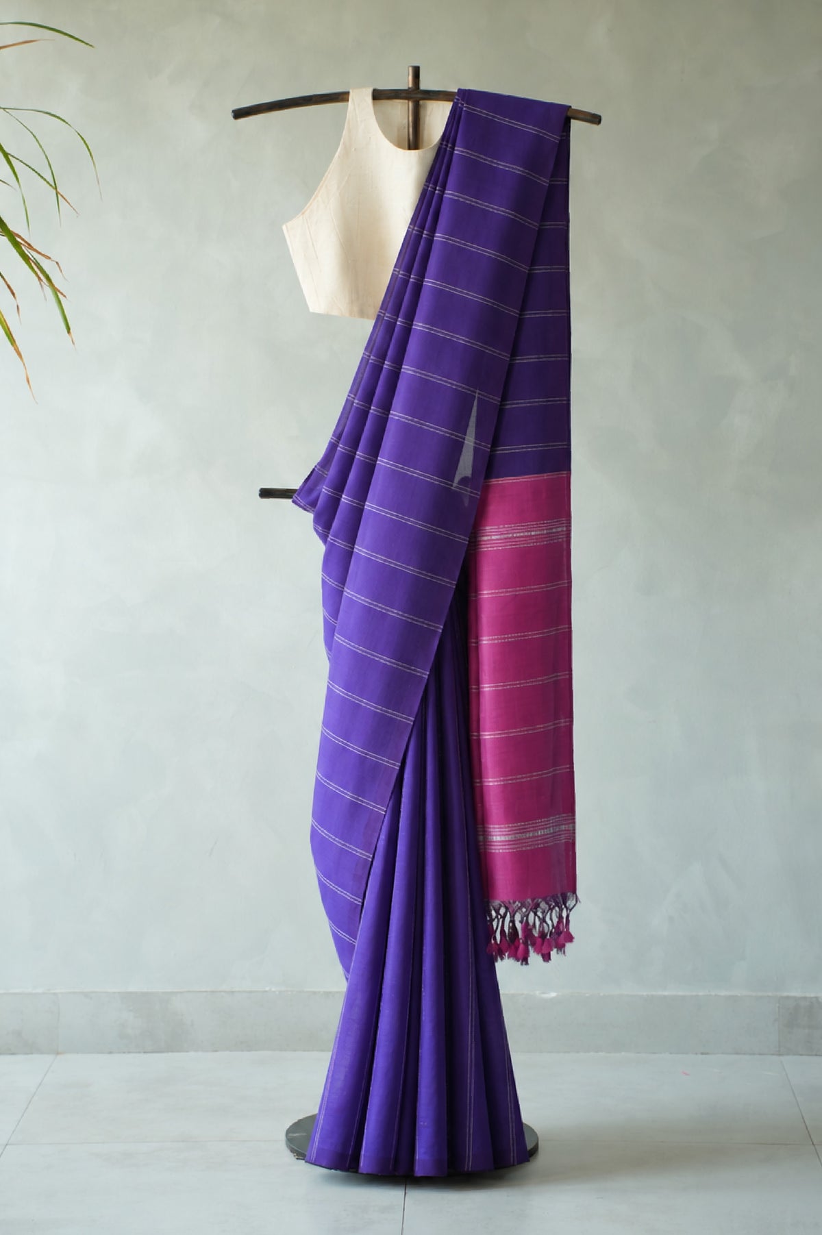 Vivid Violet and Silver Stripes Mangalagiri Silk Cotton with Contrast Pink Pallu Saree