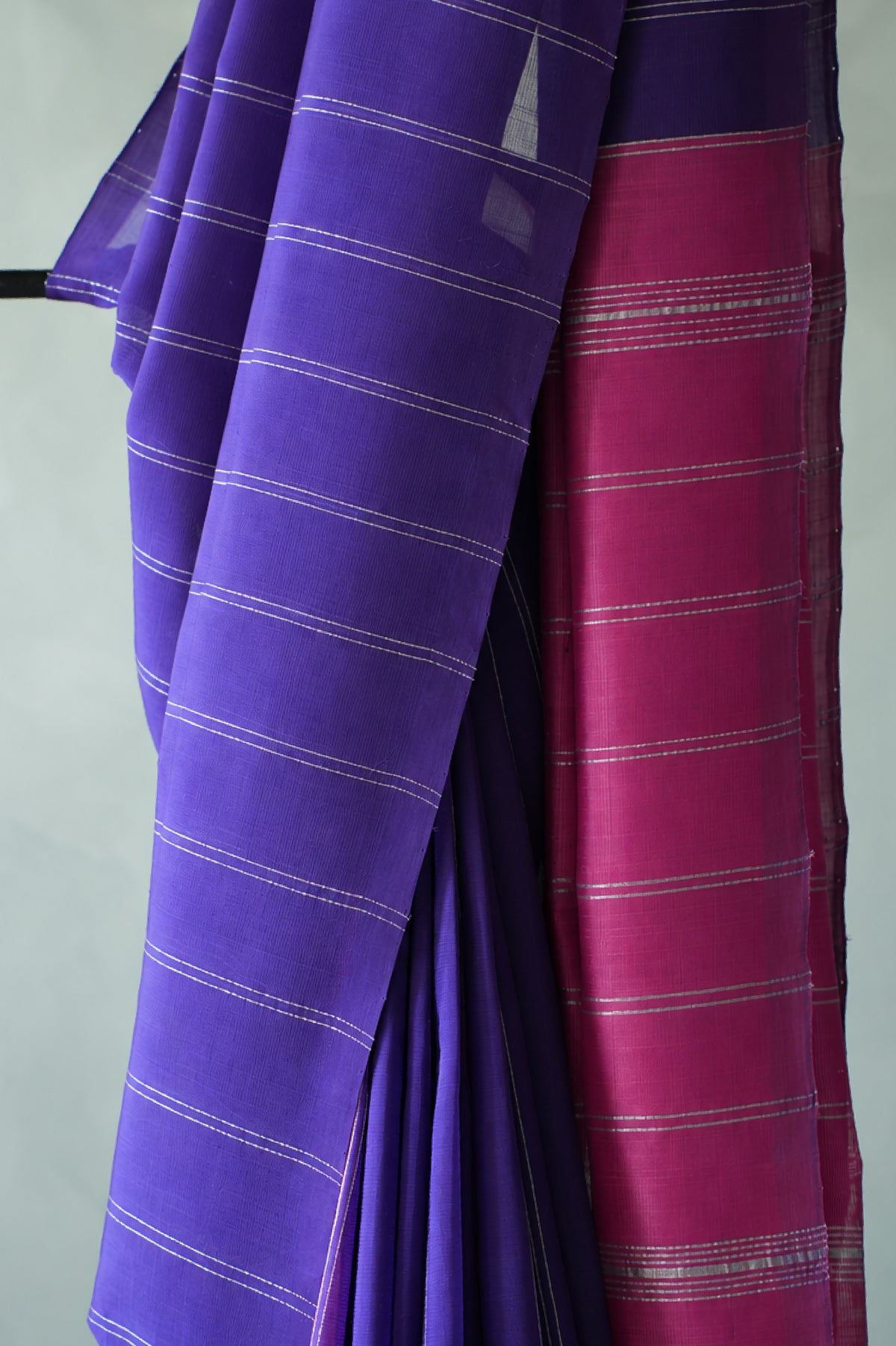 Vivid Violet and Silver Stripes Mangalagiri Silk Cotton with Contrast Pink Pallu Saree