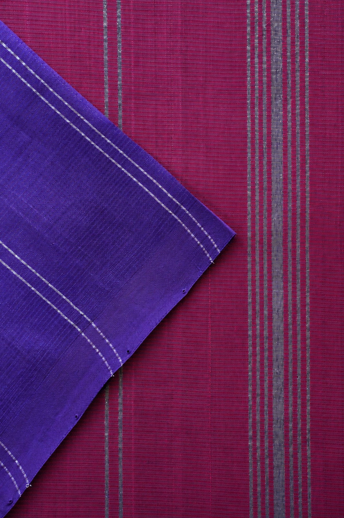 Vivid Violet and Silver Stripes Mangalagiri Silk Cotton with Contrast Pink Pallu Saree