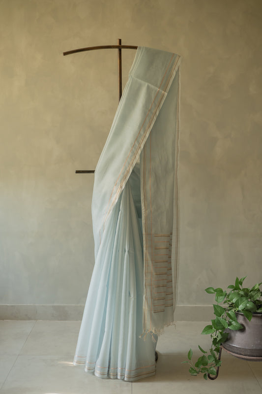 Light Blue Silk Cotton with Zari Woven Border and Pallu Saree