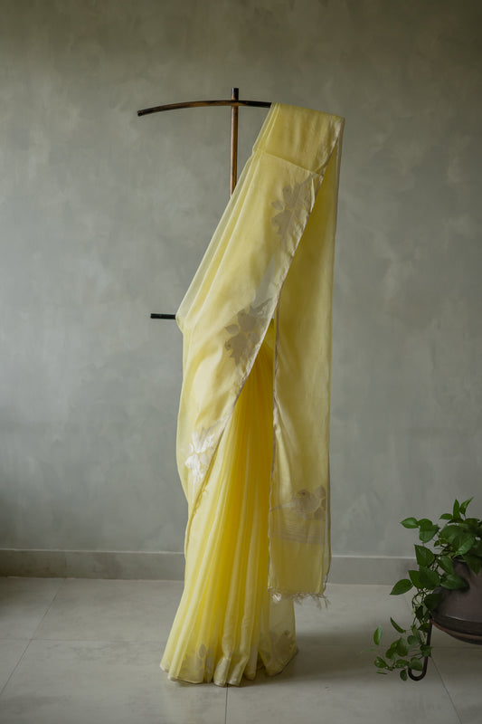 Yellow Silk Cotton with Silver Parrot Border Saree