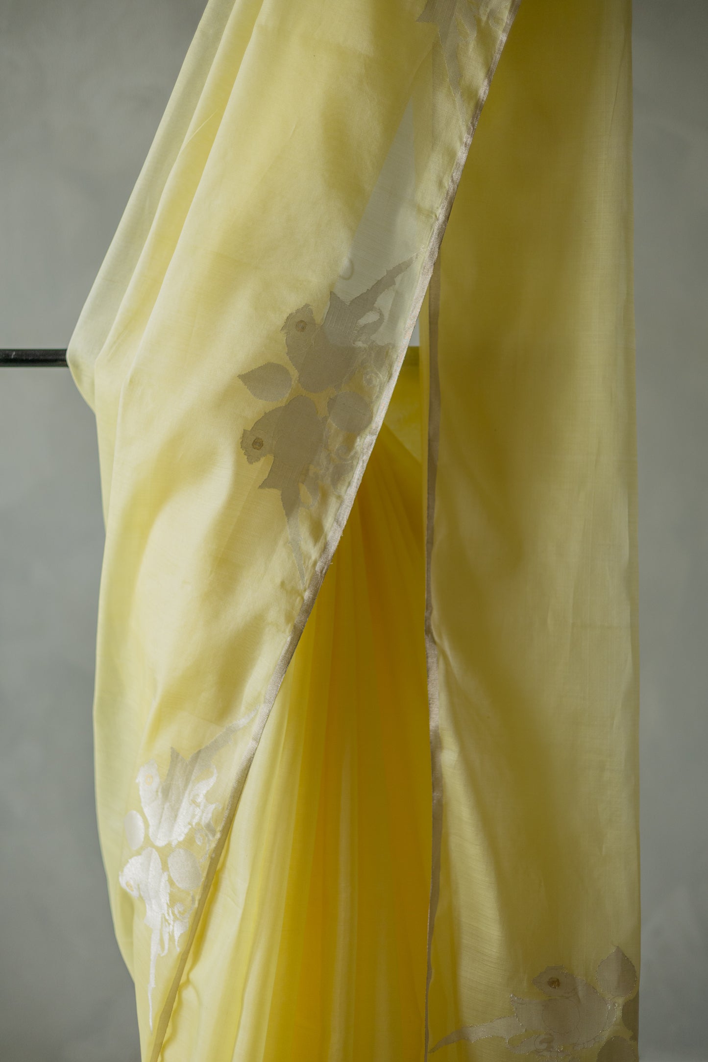 Yellow Silk Cotton with Silver Parrot Border Saree