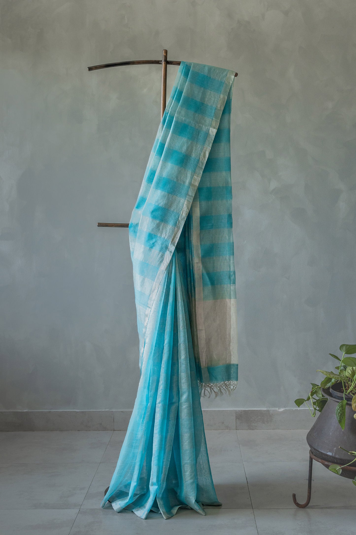 Blue Silk with Mercerised Cotton and big Zari Checked Saree