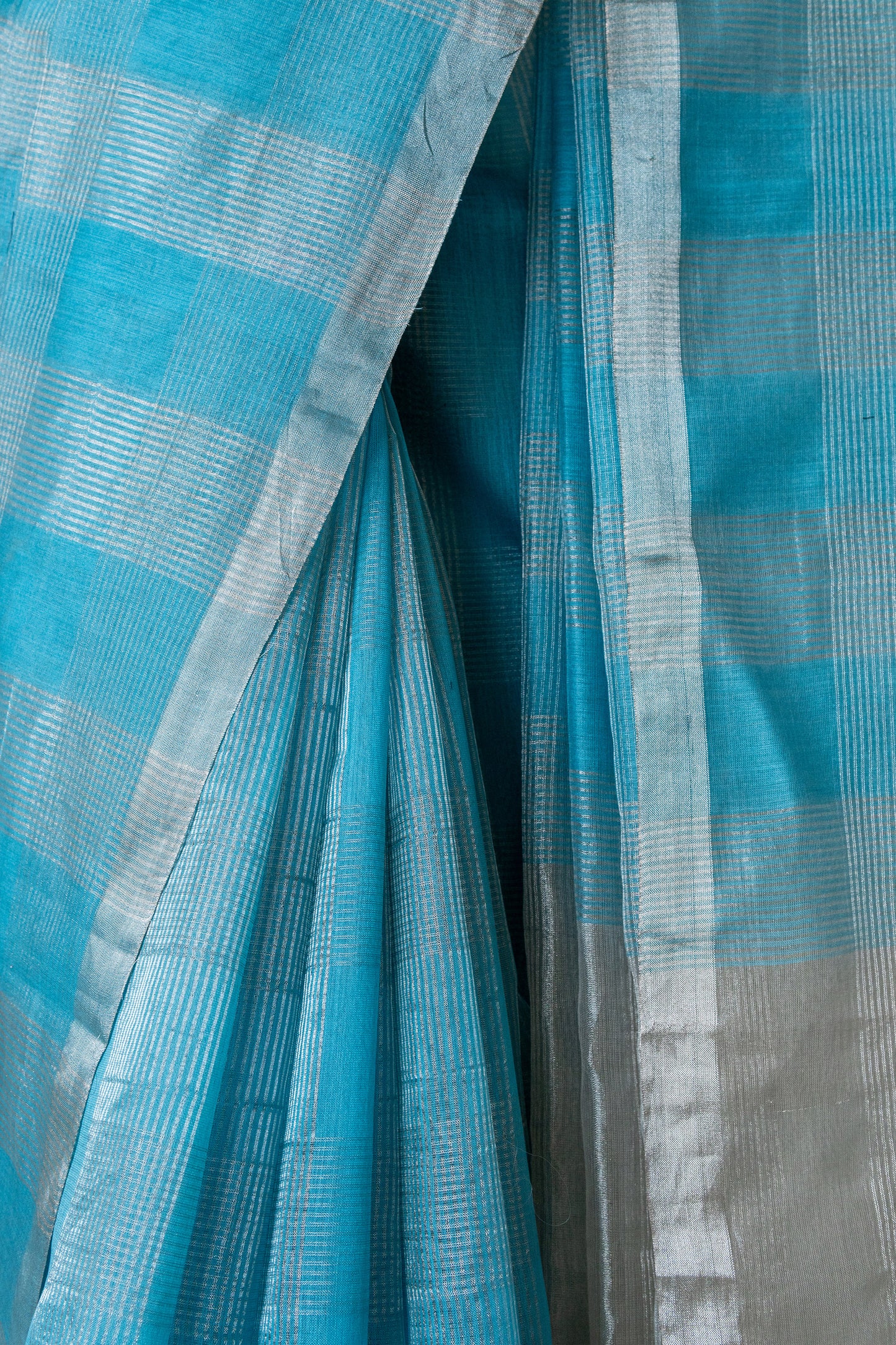 Blue Silk with Mercerised Cotton and big Zari Checked Saree