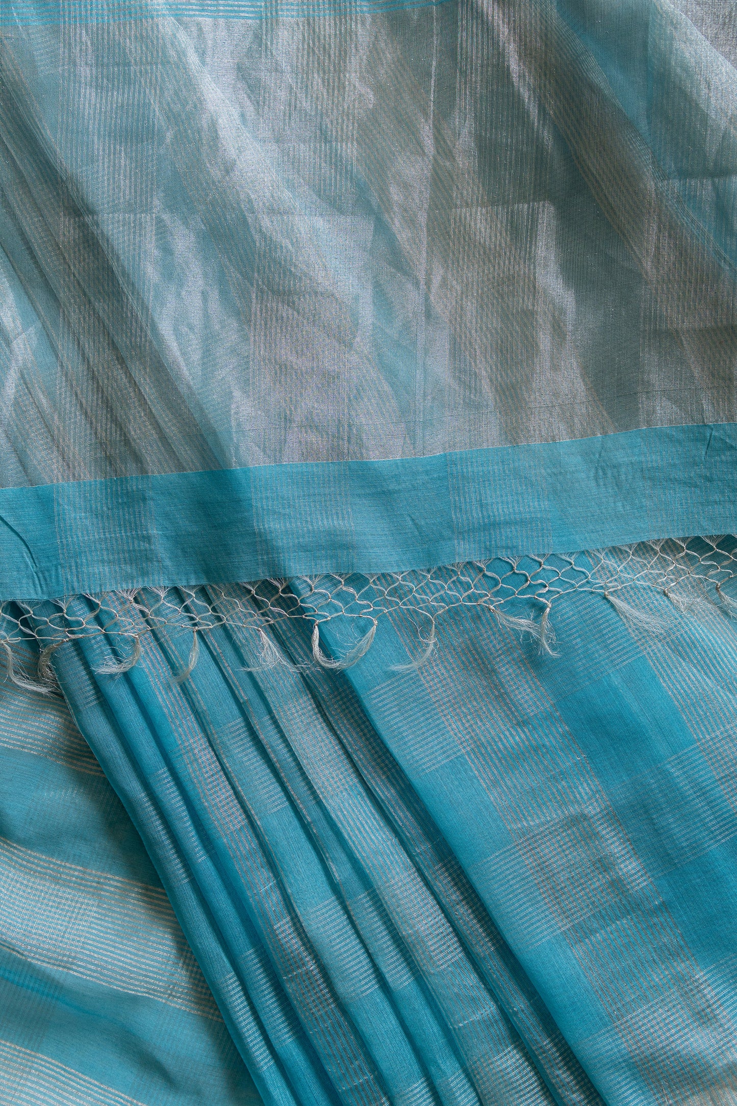 Blue Silk with Mercerised Cotton and big Zari Checked Saree