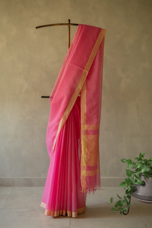 Pink Silk Cotton with Kuchi Checks and Tussar Border Saree