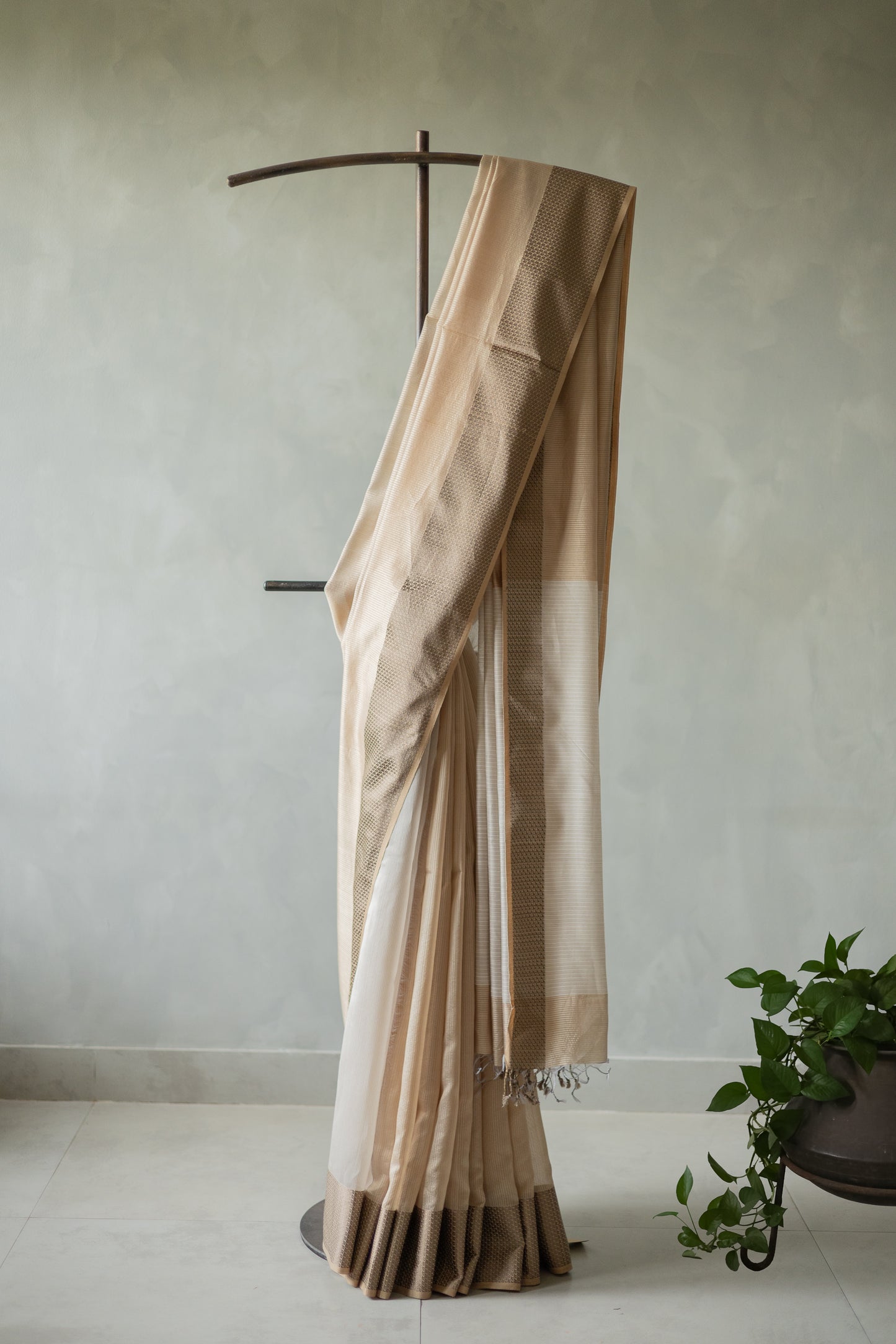 Beige Tussar Silk Cotton Striped with Big Border Saree
