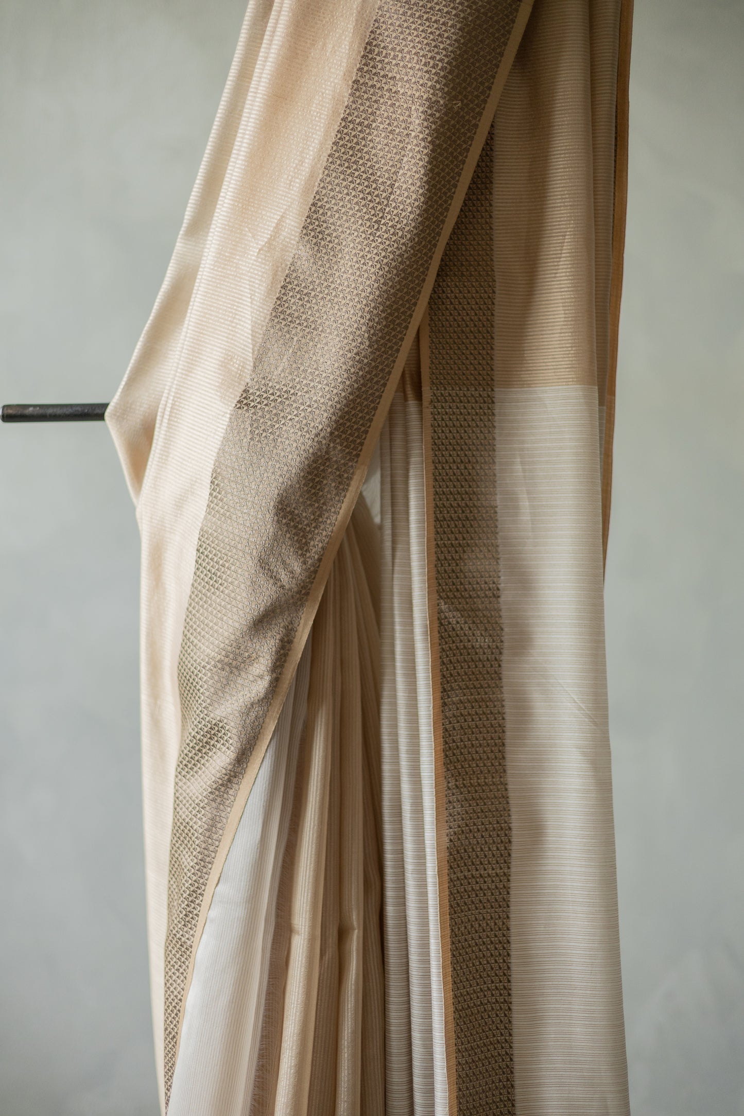 Beige Tussar Silk Cotton Striped with Big Border Saree