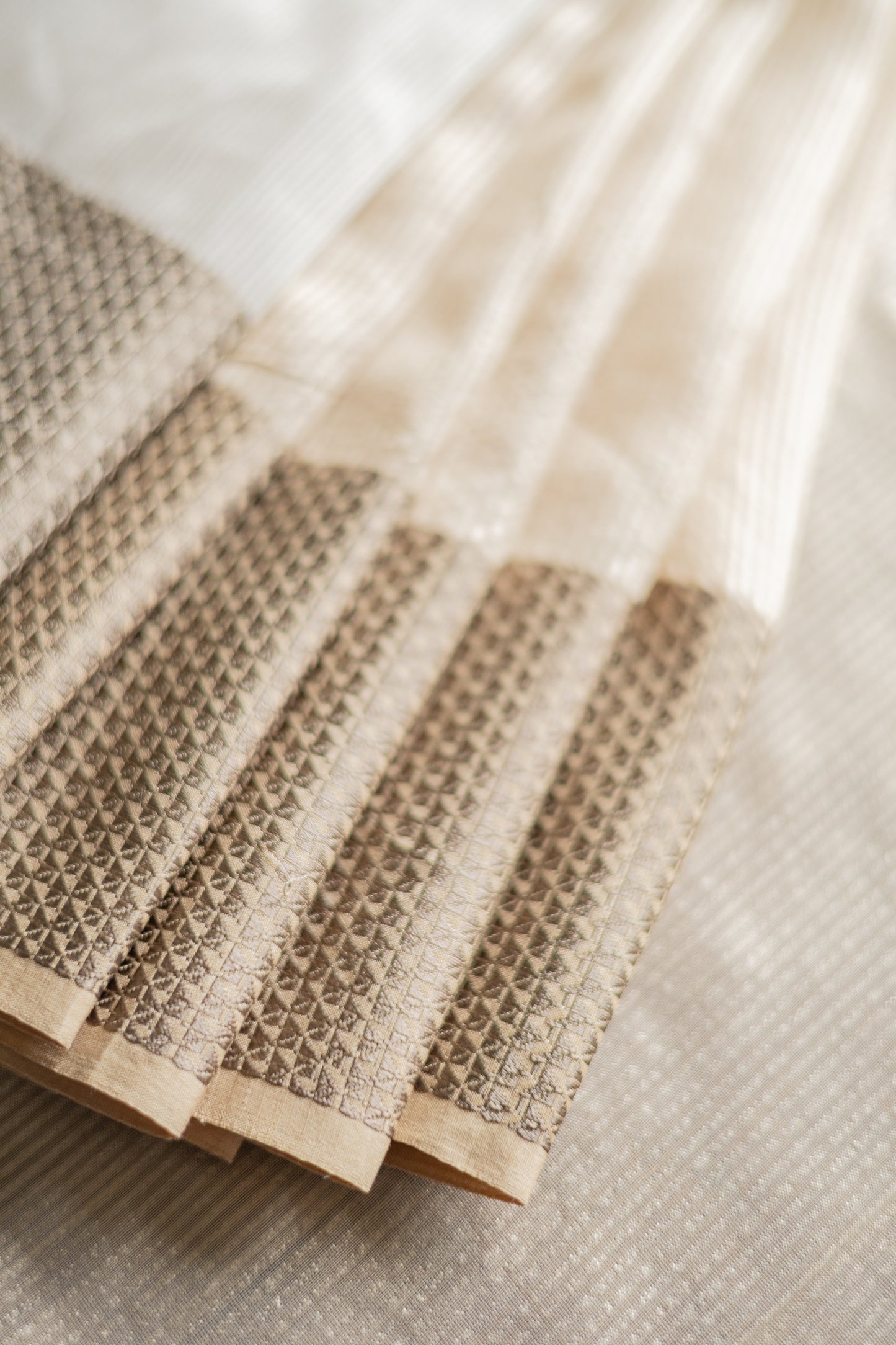 Beige Tussar Silk Cotton Striped with Big Border Saree