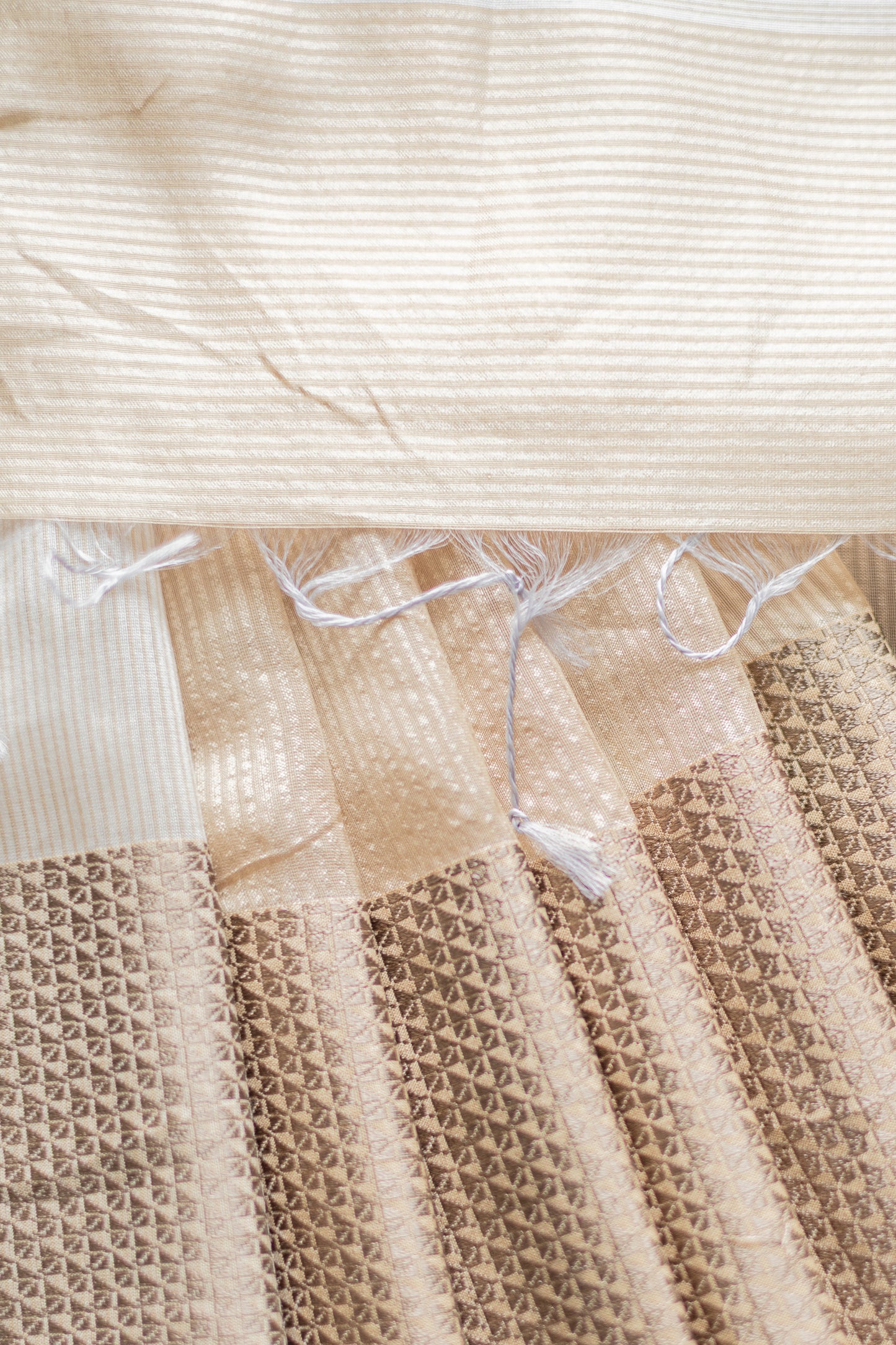 Beige Tussar Silk Cotton Striped with Big Border Saree