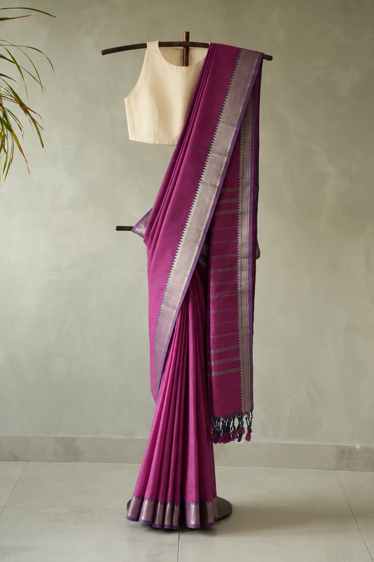 Deep Magenta with Silver & Violet Border Mangalagiri Silk Cotton Saree