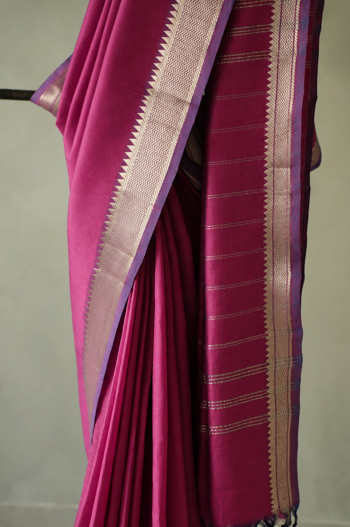 Deep Magenta with Silver & Violet Border Mangalagiri Silk Cotton Saree