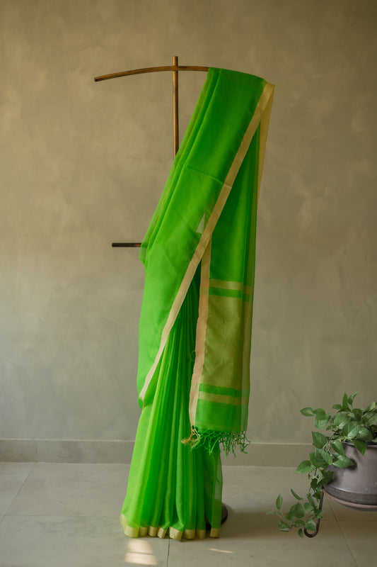 Parrot Green Silk Cotton with Kuchi Checks and Tussar Border Saree