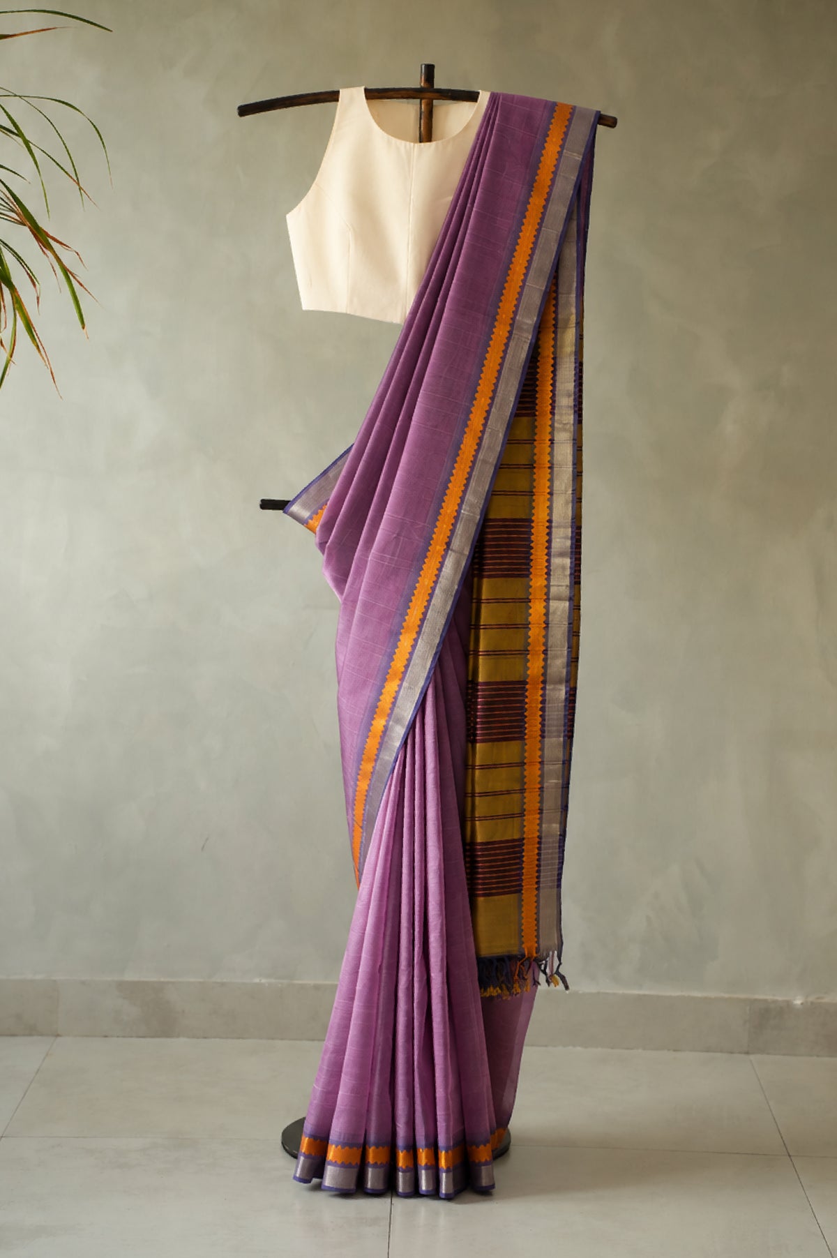 Dusty Lavender with Orange & Silver Border Mangalagiri Silk Cotton Saree